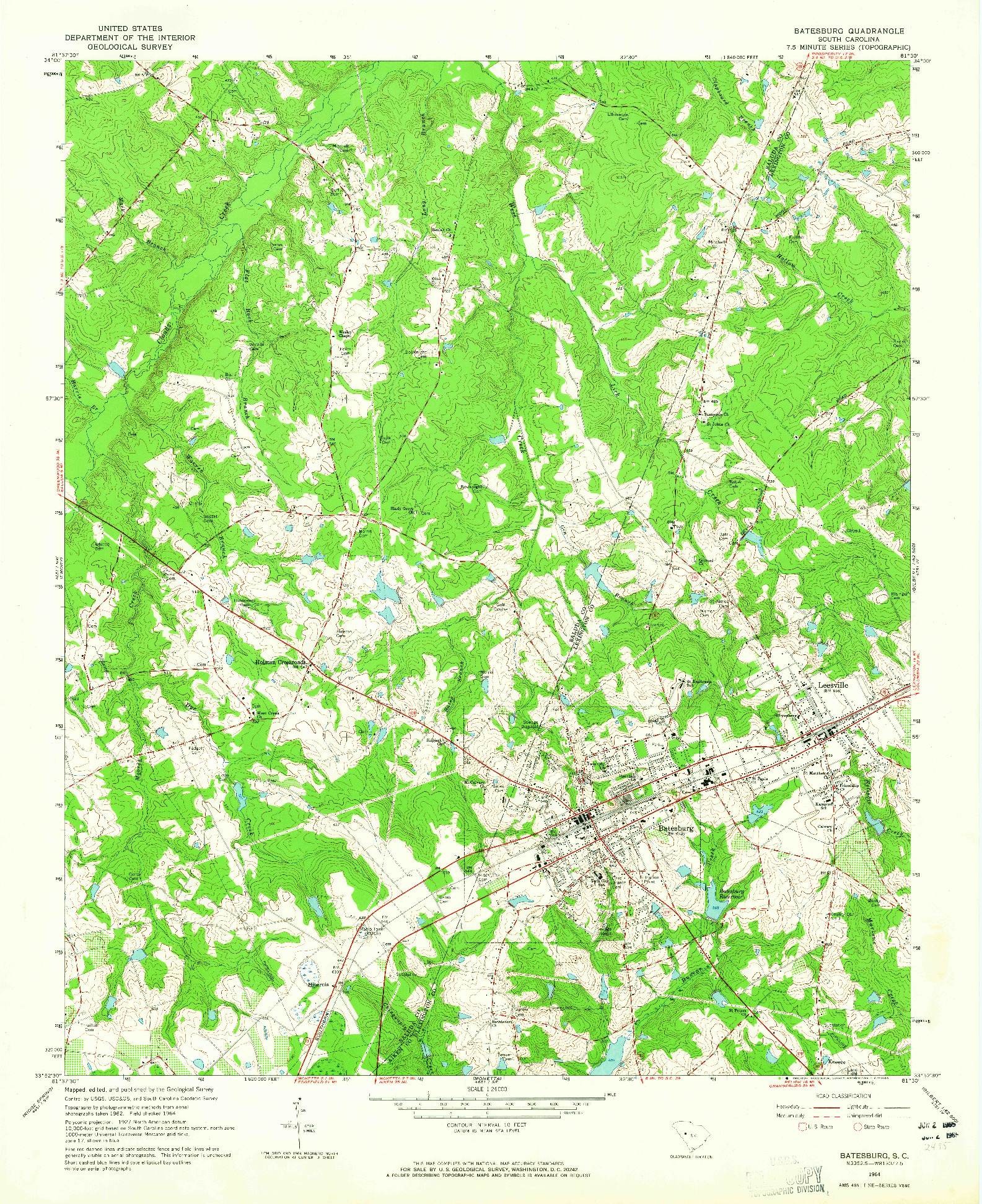 USGS 1:24000-SCALE QUADRANGLE FOR BATESBURG, SC 1964