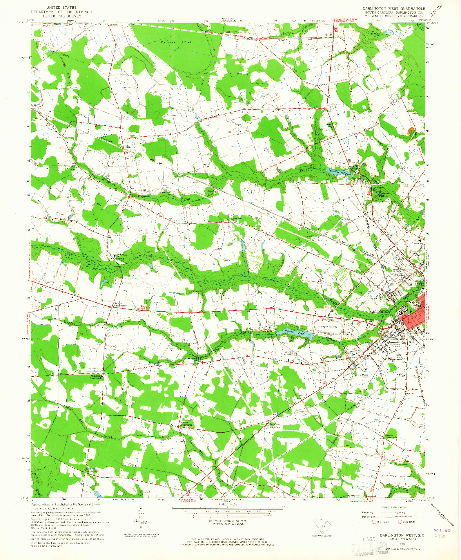 USGS 1:24000-SCALE QUADRANGLE FOR DARLINGTON WEST, SC 1963
