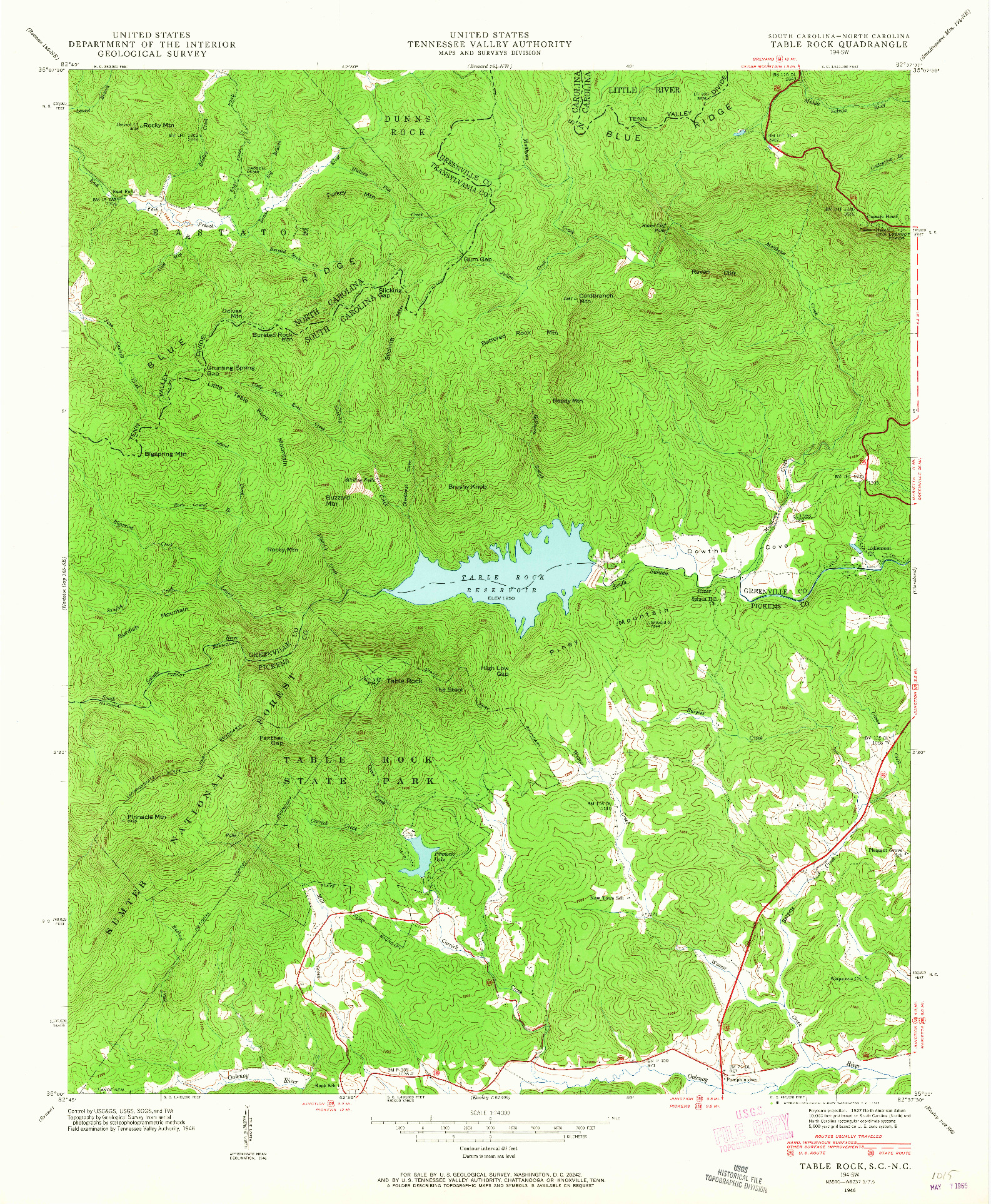 USGS 1:24000-SCALE QUADRANGLE FOR TABLE ROCK, SC 1946