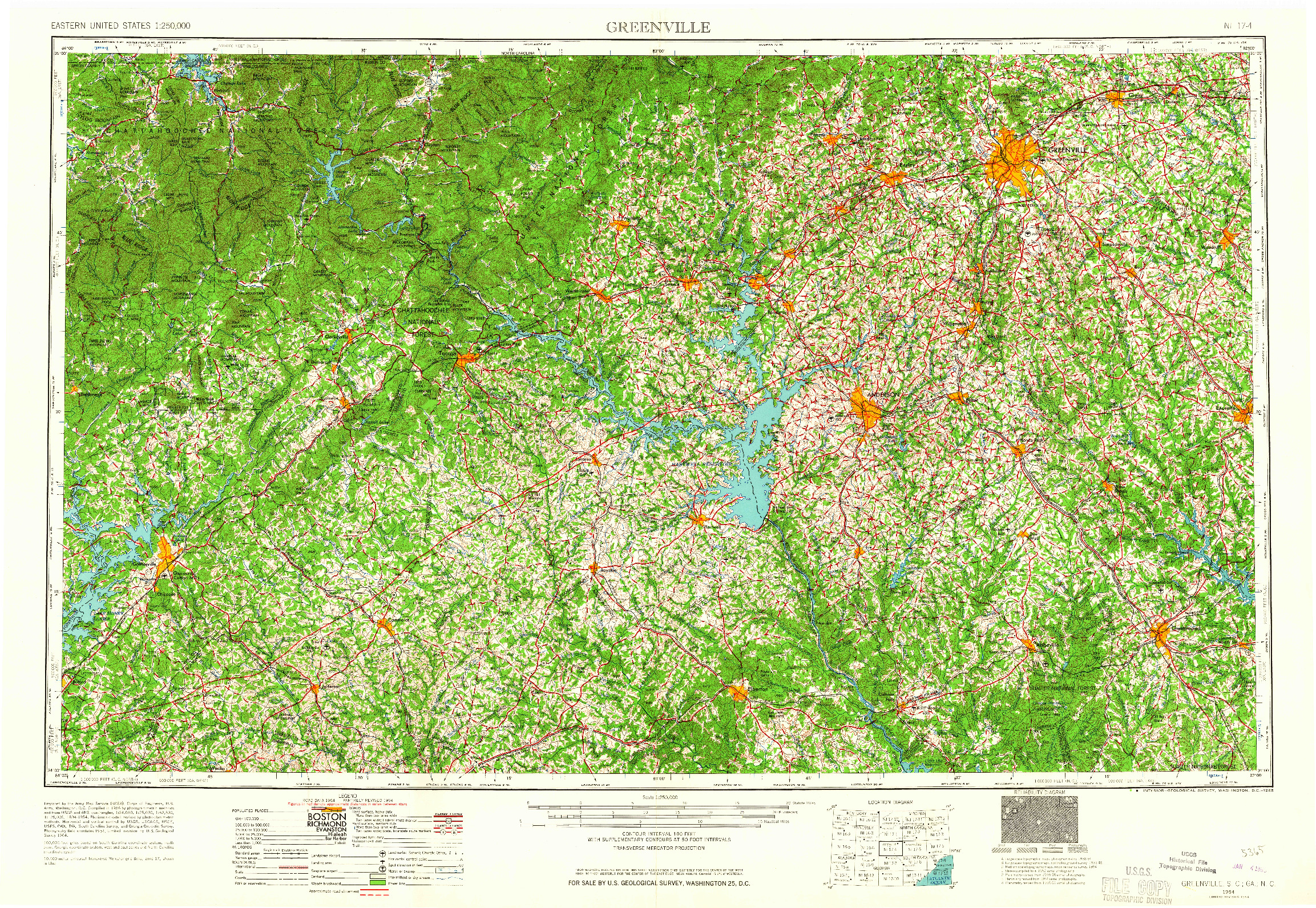 USGS 1:250000-SCALE QUADRANGLE FOR GREENVILLE, SC 1954