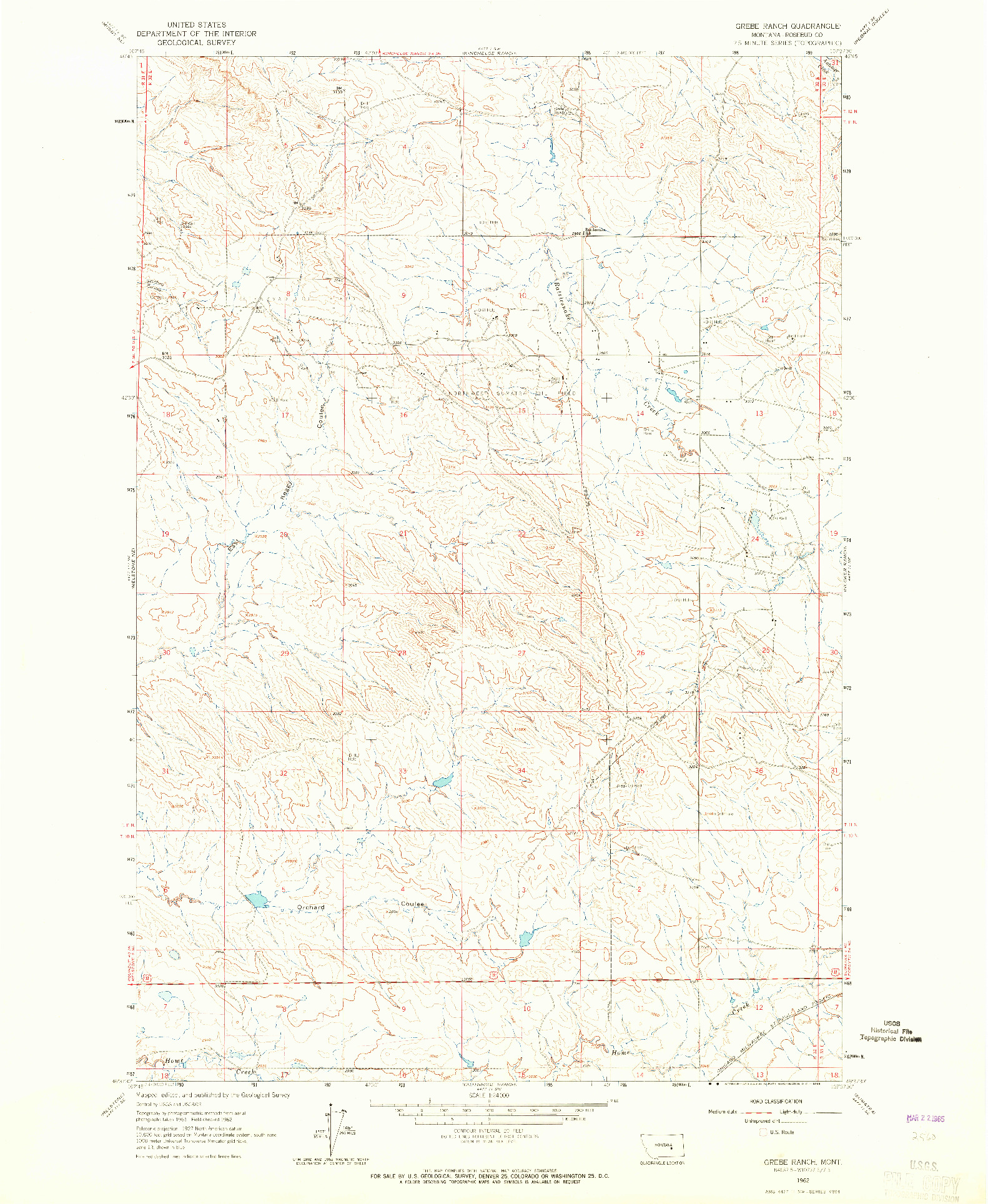 USGS 1:24000-SCALE QUADRANGLE FOR GREBE RANCH, MT 1962
