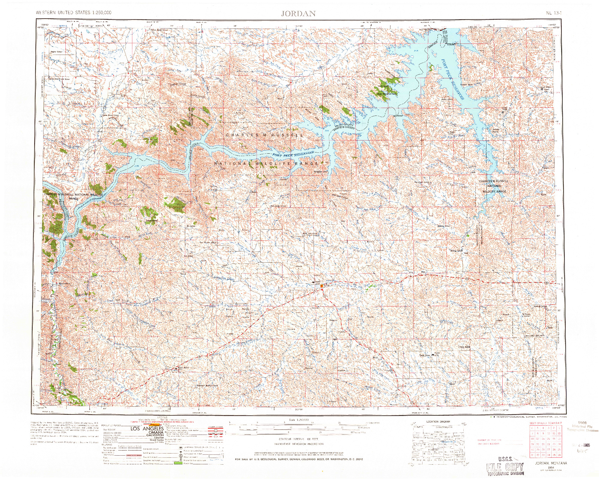 USGS 1:250000-SCALE QUADRANGLE FOR JORDAN, MT 1954