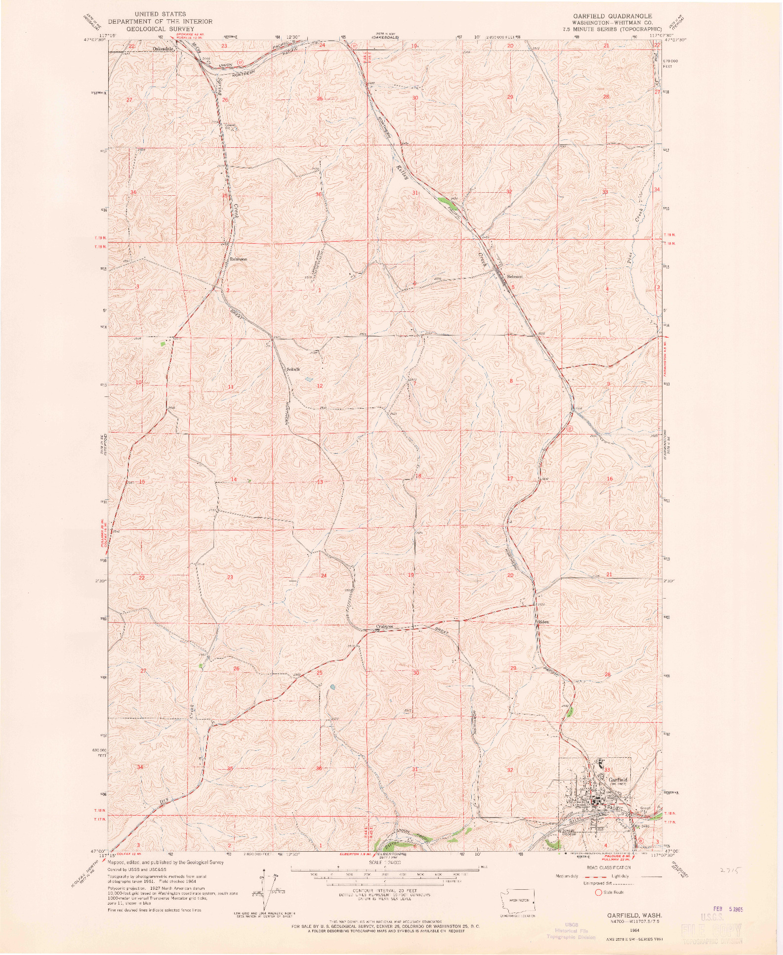 USGS 1:24000-SCALE QUADRANGLE FOR GARFIELD, WA 1964