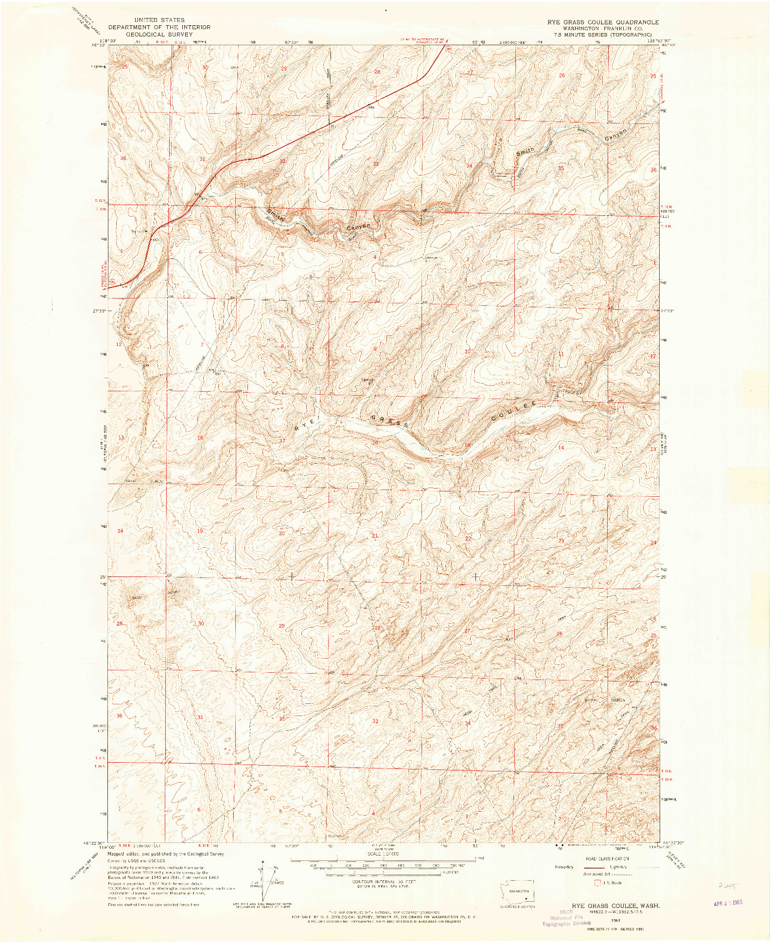 USGS 1:24000-SCALE QUADRANGLE FOR RYE GRASS COULEE, WA 1963