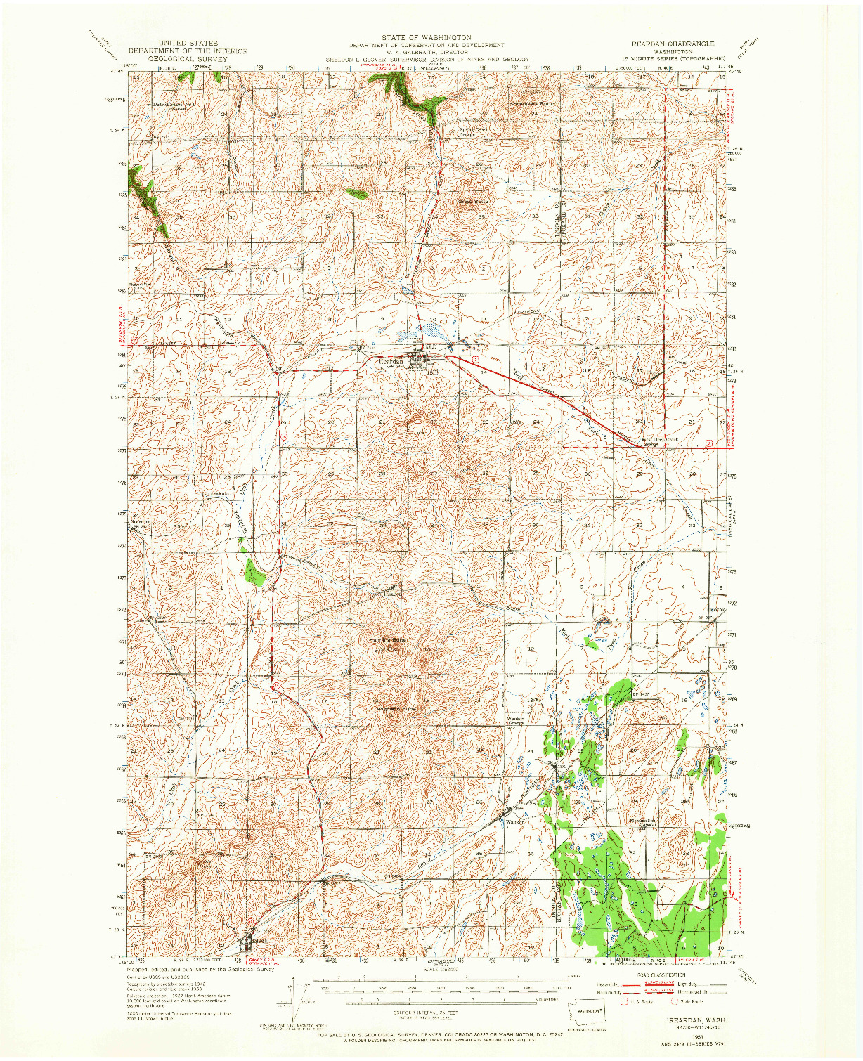 USGS 1:62500-SCALE QUADRANGLE FOR REARDAN, WA 1953