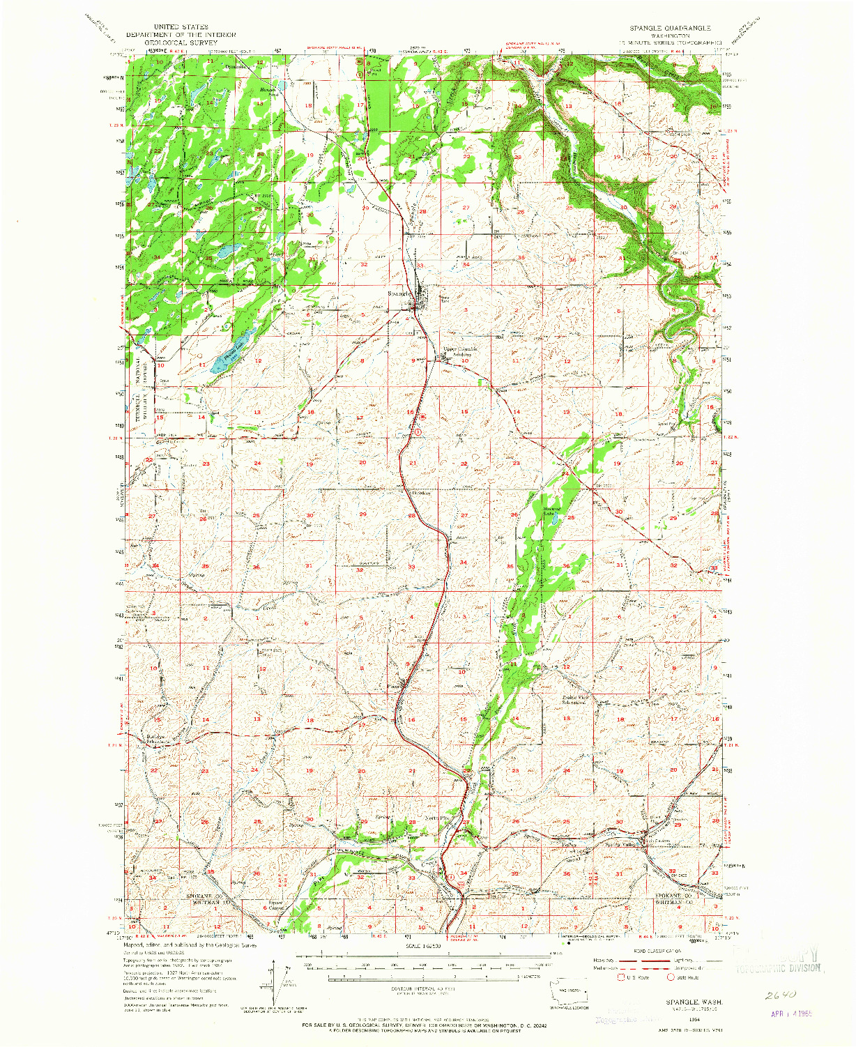 USGS 1:62500-SCALE QUADRANGLE FOR SPANGLE, WA 1954