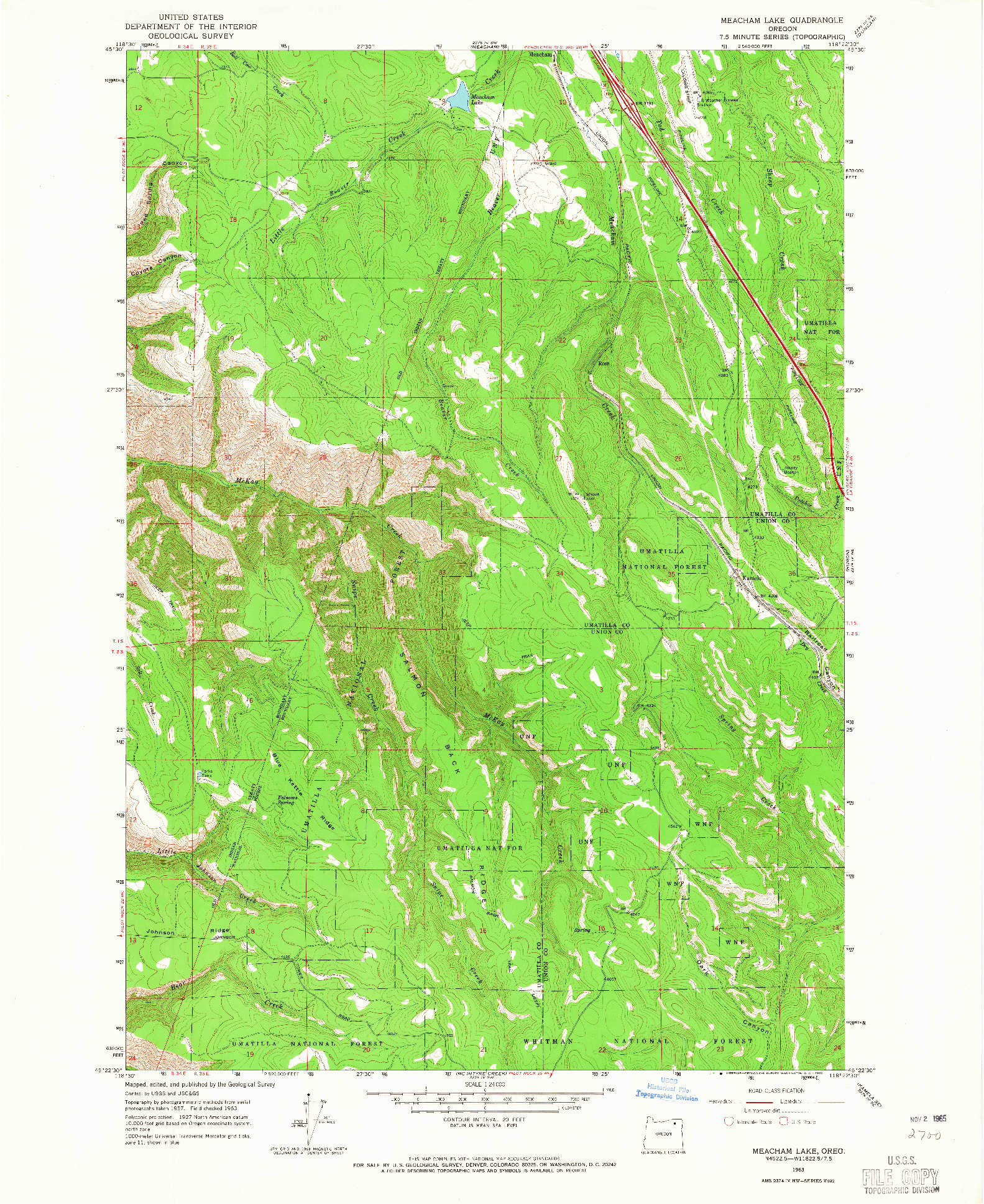 USGS 1:24000-SCALE QUADRANGLE FOR MEACHAM LAKE, OR 1963