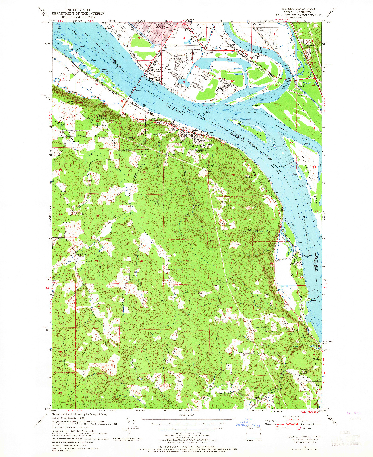 USGS 1:24000-SCALE QUADRANGLE FOR RAINIER, OR 1953