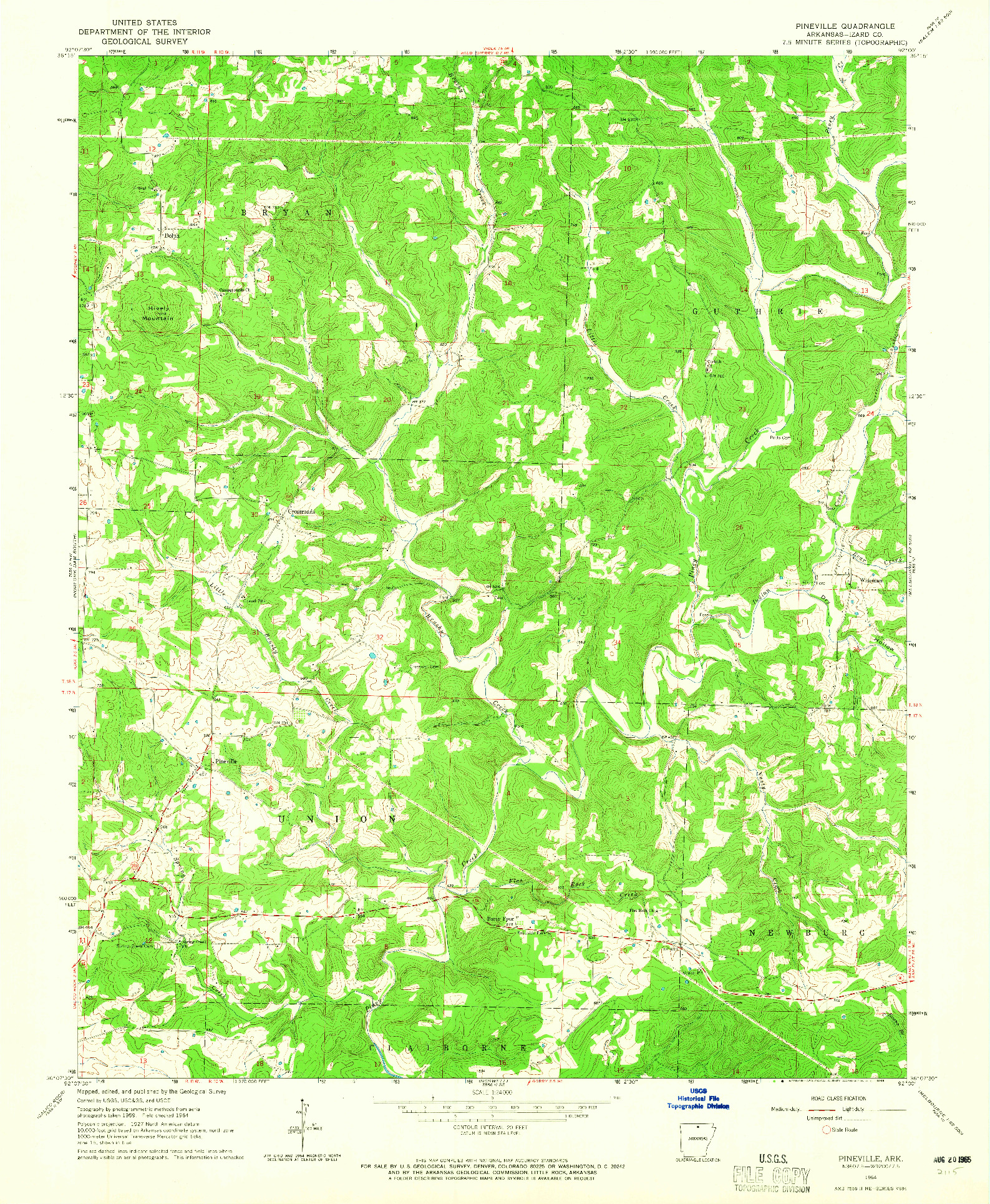 USGS 1:24000-SCALE QUADRANGLE FOR PINEVILLE, AR 1964