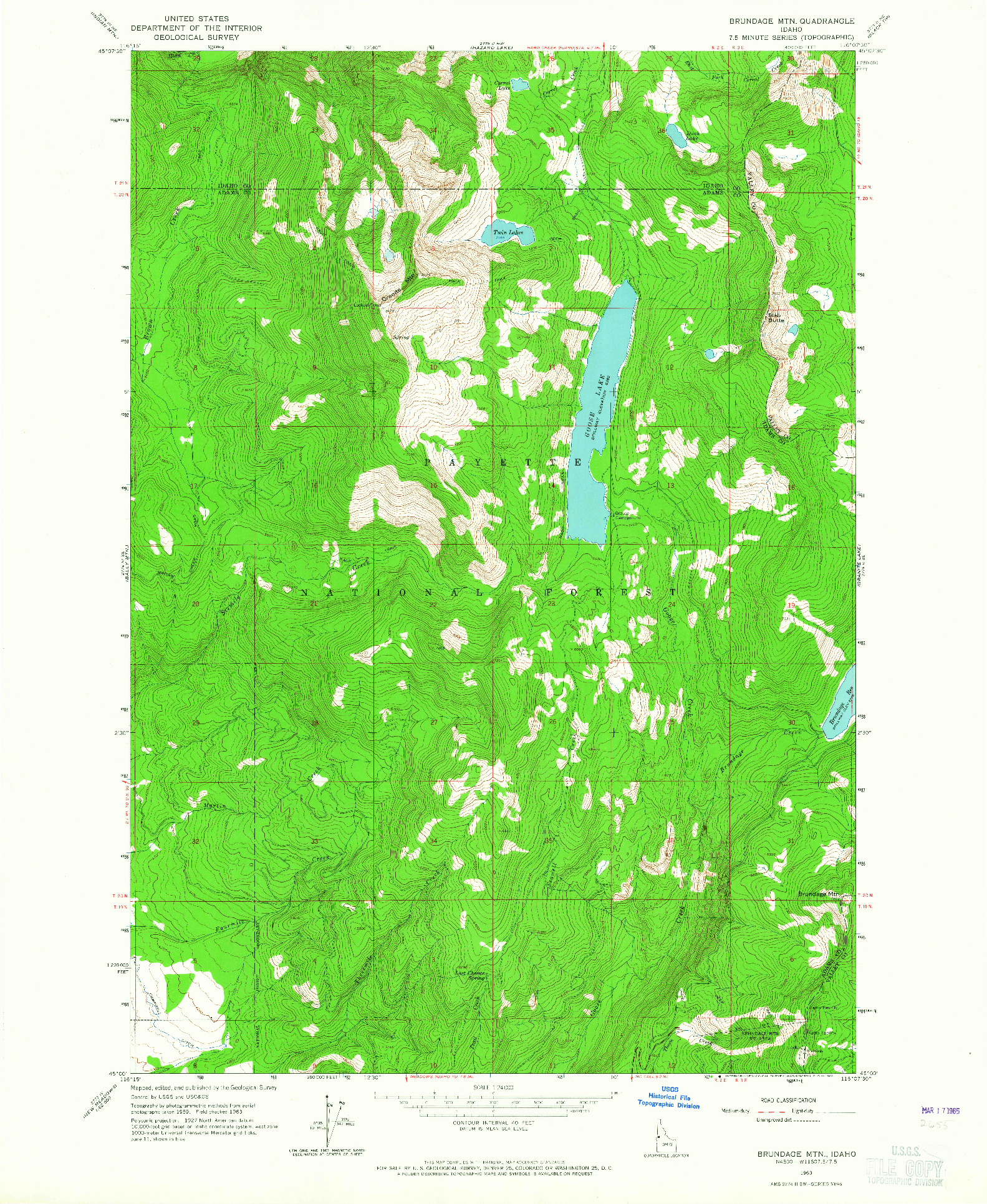 USGS 1:24000-SCALE QUADRANGLE FOR BRUNDAGE MTN, ID 1963