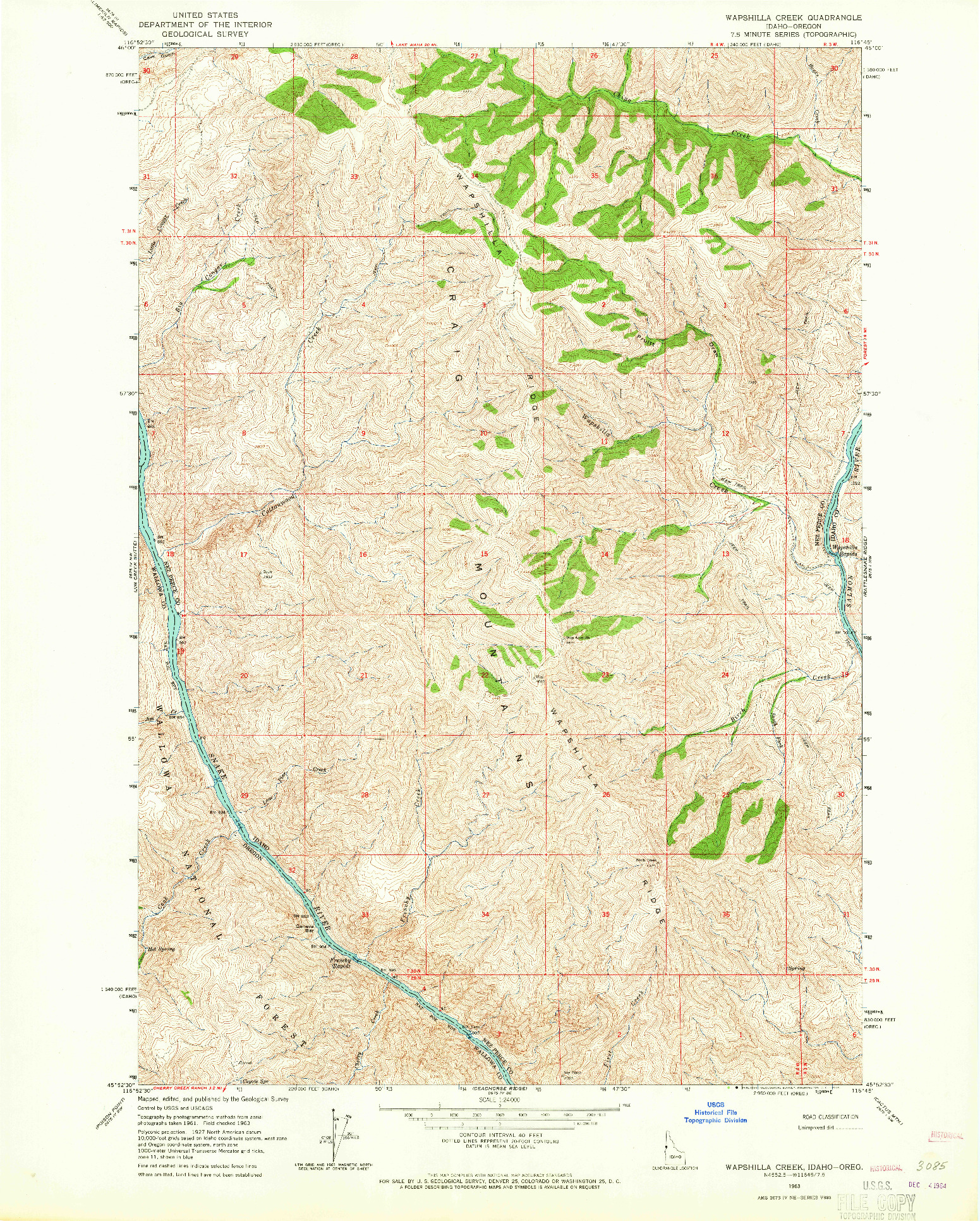 USGS 1:24000-SCALE QUADRANGLE FOR WAPSHILLA CREEK, ID 1963