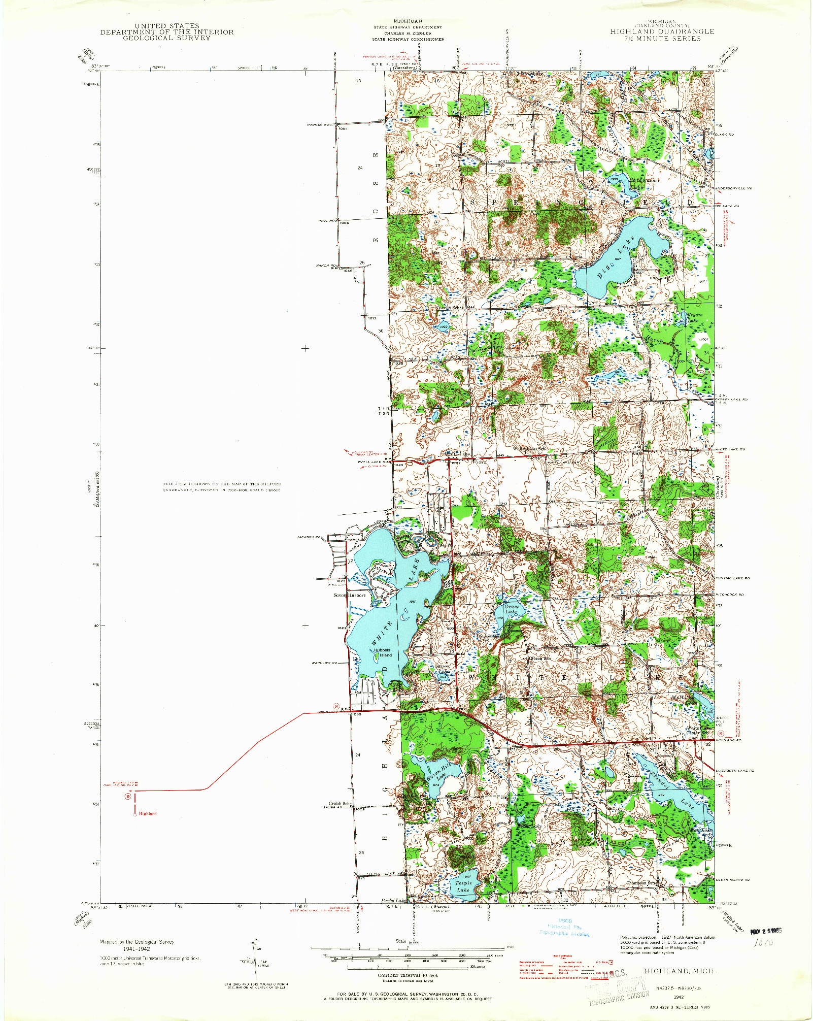 USGS 1:24000-SCALE QUADRANGLE FOR HIGHLAND, MI 1942