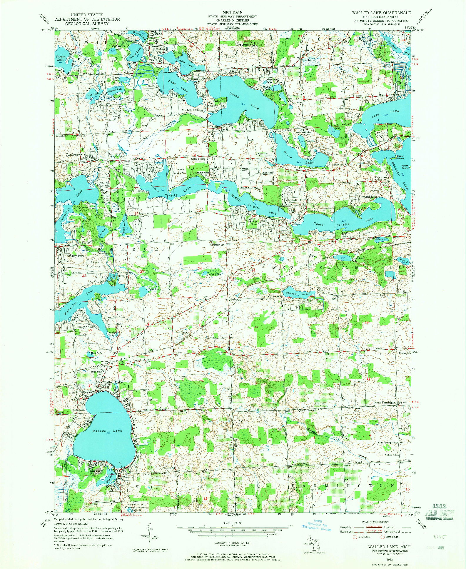 USGS 1:24000-SCALE QUADRANGLE FOR WALLED LAKE, MI 1952