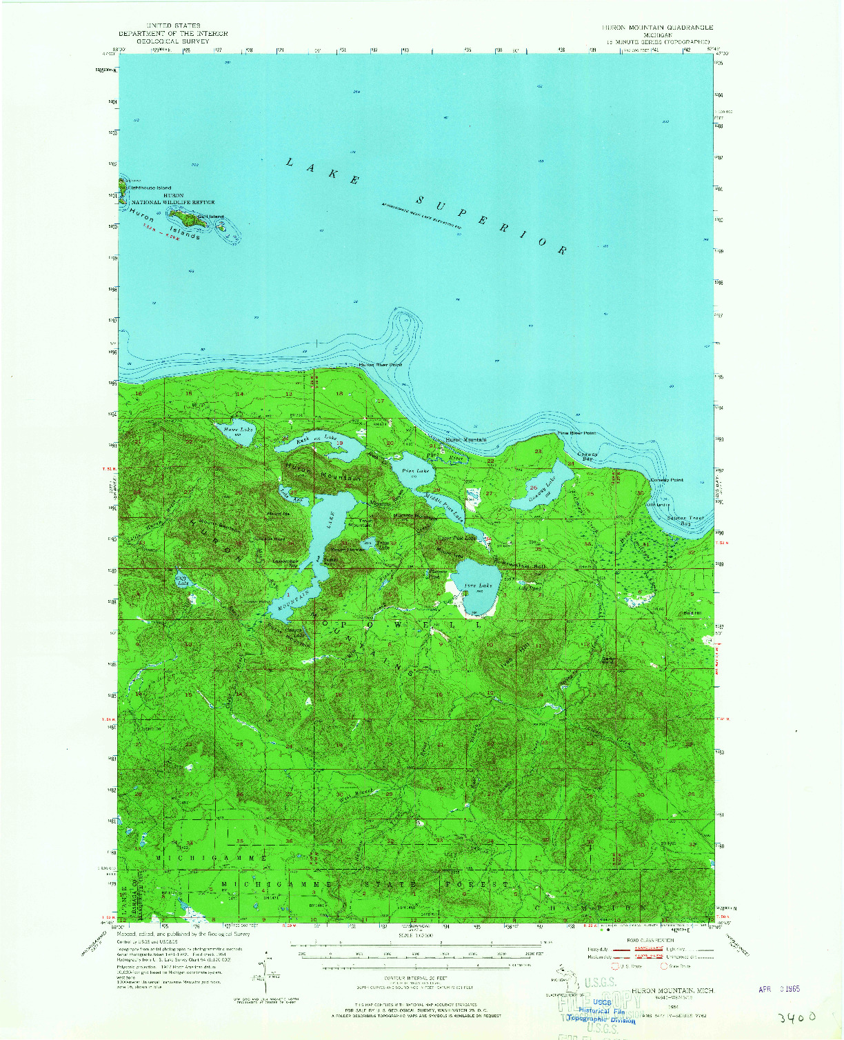 USGS 1:62500-SCALE QUADRANGLE FOR HURON MOUNTAIN, MI 1954