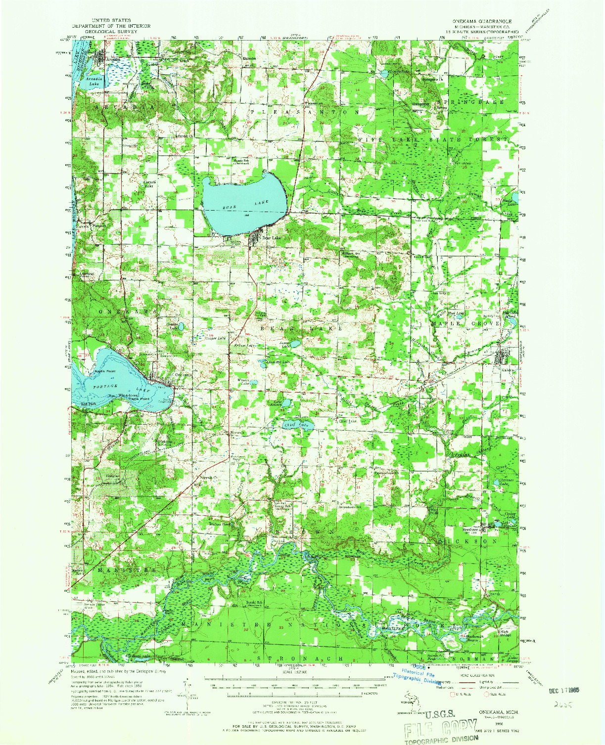 USGS 1:62500-SCALE QUADRANGLE FOR ONEKAMA, MI 1956