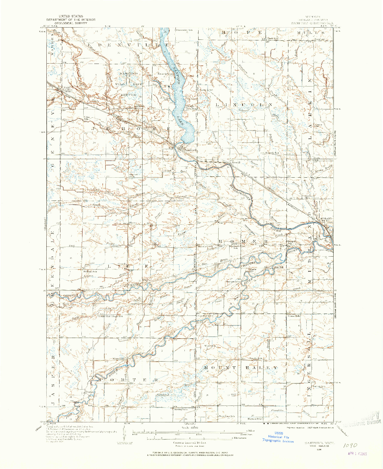 USGS 1:62500-SCALE QUADRANGLE FOR SANFORD, MI 1934