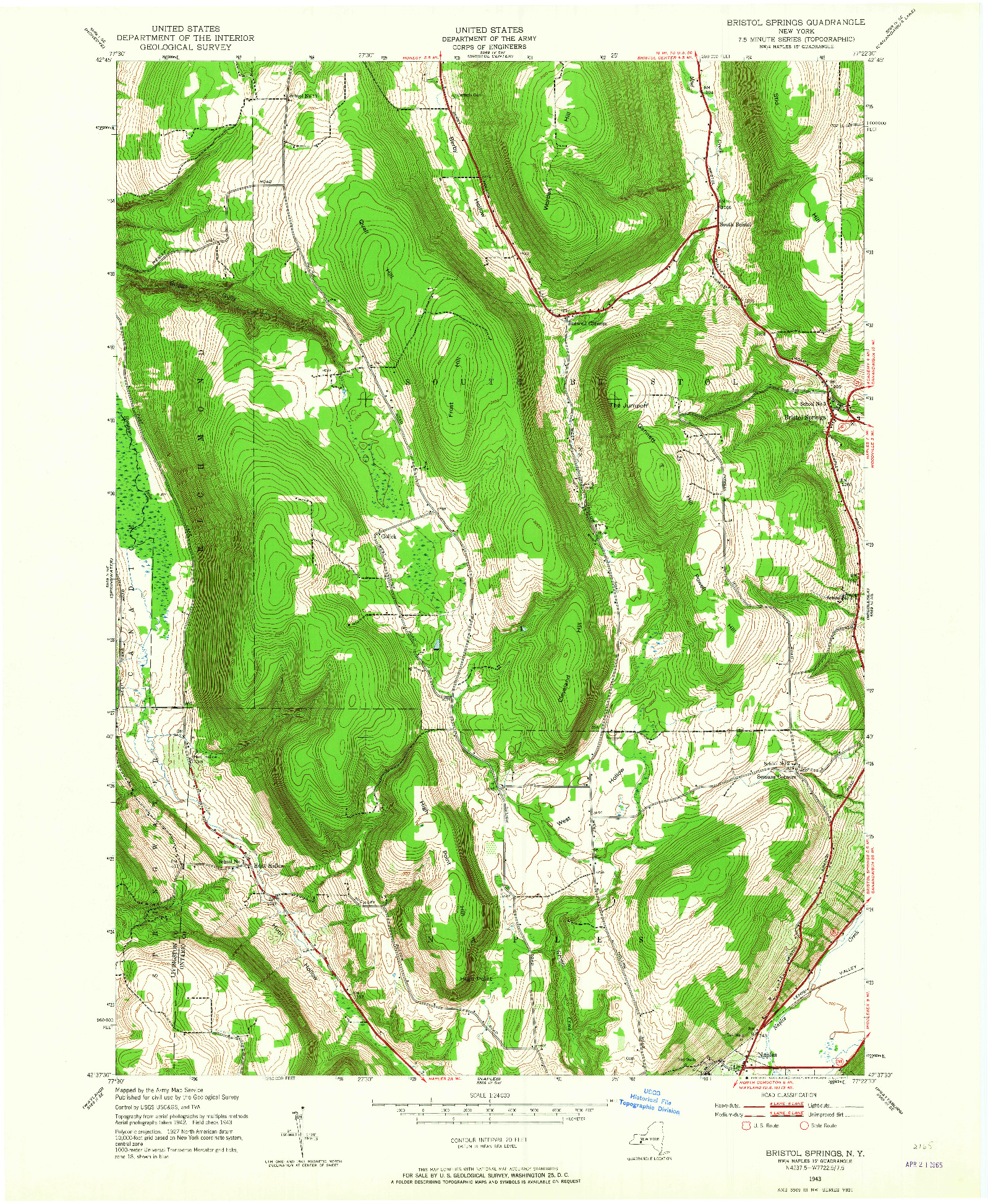 USGS 1:24000-SCALE QUADRANGLE FOR BRISTOL SPRINGS, NY 1943