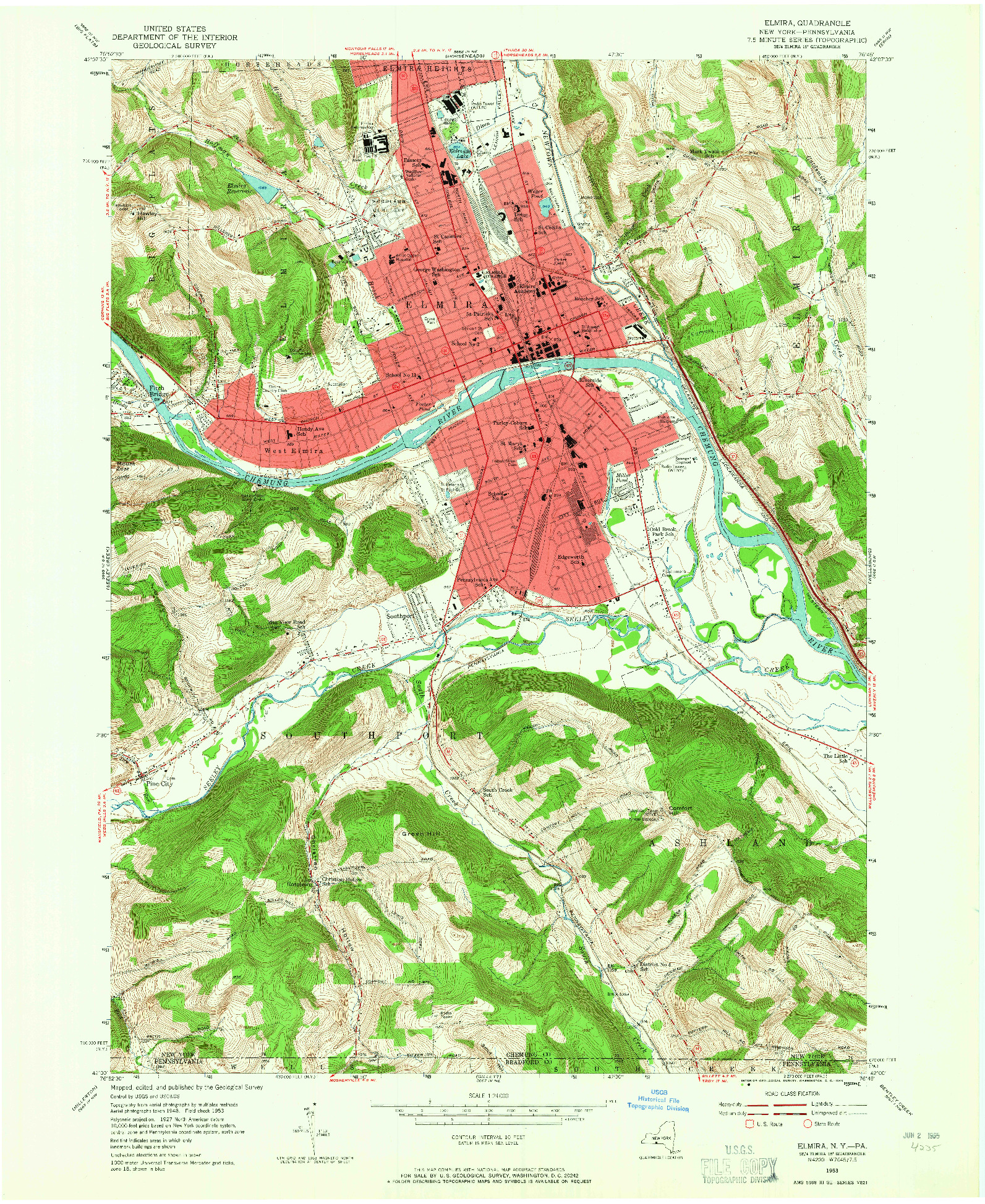 USGS 1:24000-SCALE QUADRANGLE FOR ELMIRA, NY 1953