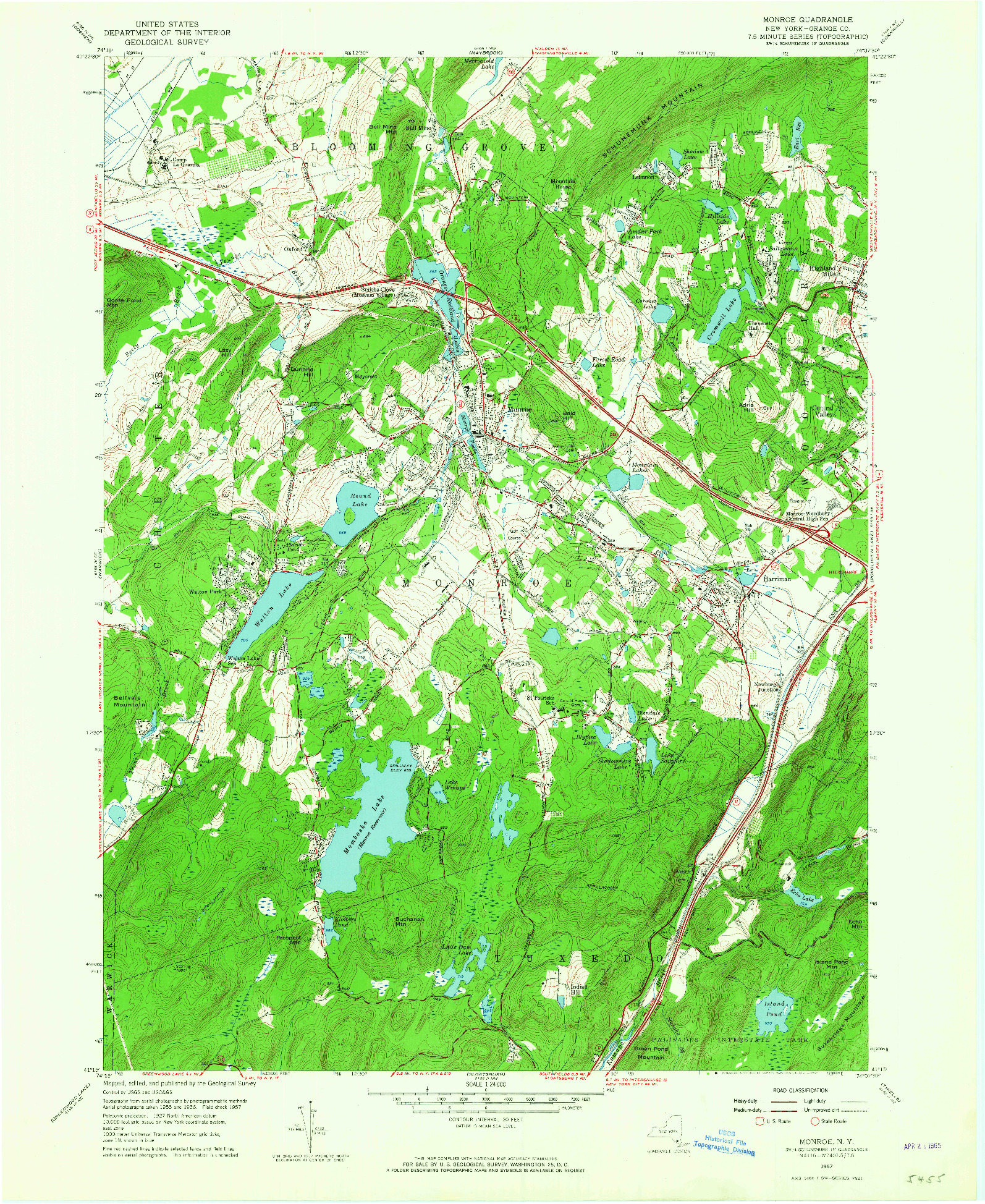 USGS 1:24000-SCALE QUADRANGLE FOR MONROE, NY 1957