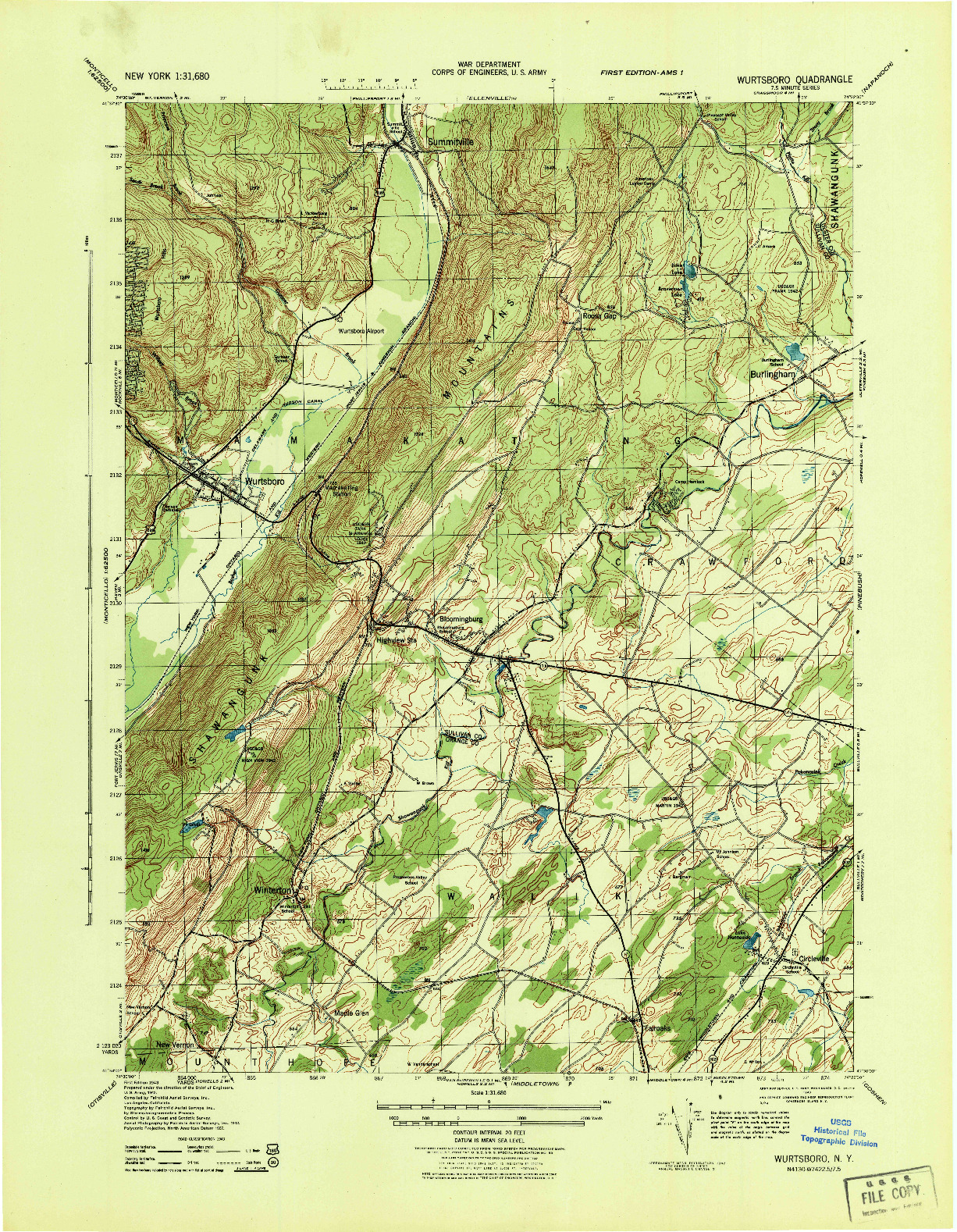 USGS 1:31680-SCALE QUADRANGLE FOR WURTSBORO, NY 1943