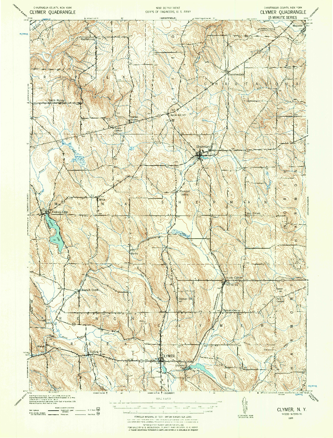 USGS 1:62500-SCALE QUADRANGLE FOR CLYMER, NY 1939