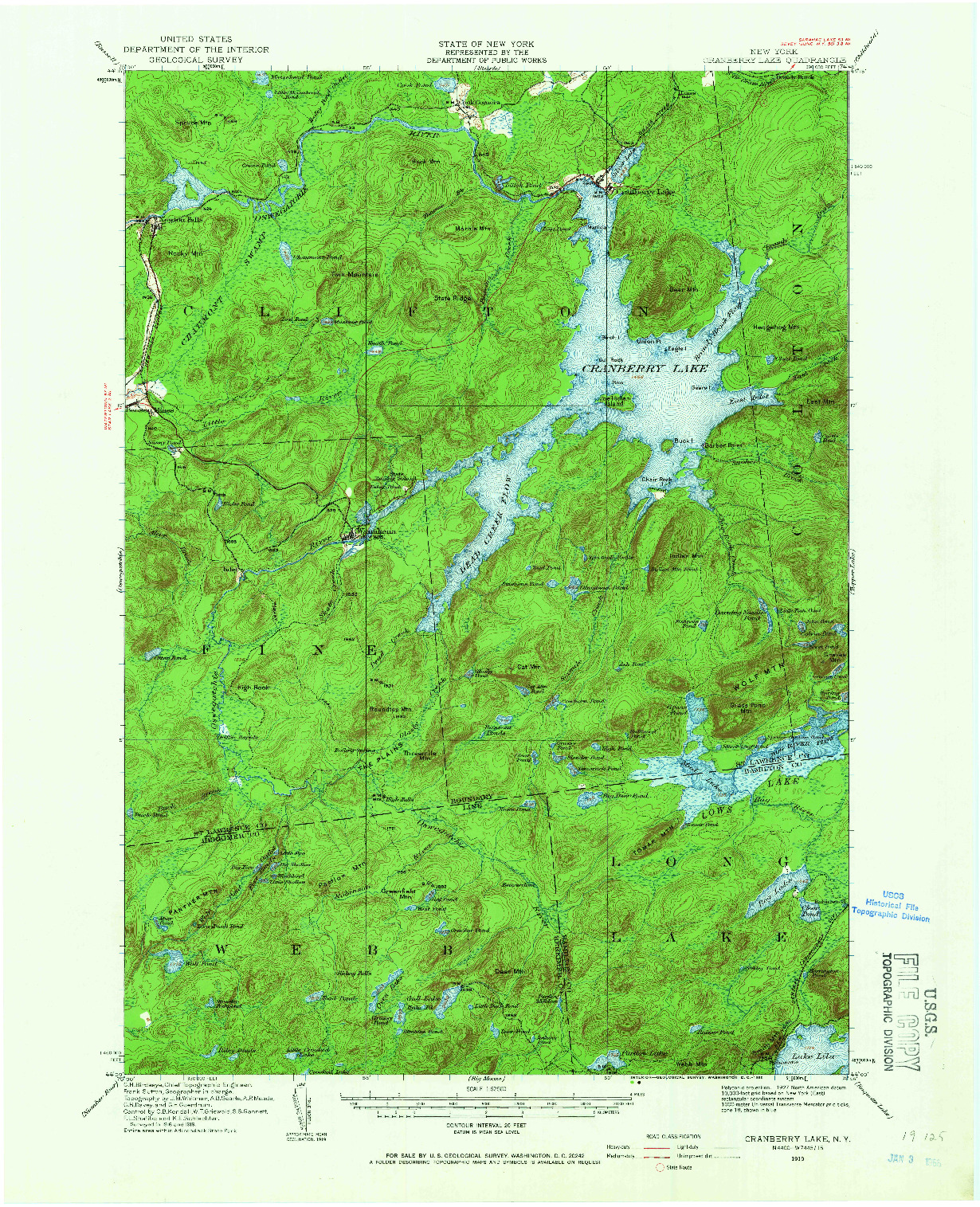 USGS 1:62500-SCALE QUADRANGLE FOR CRANBERRY LAKE, NY 1919