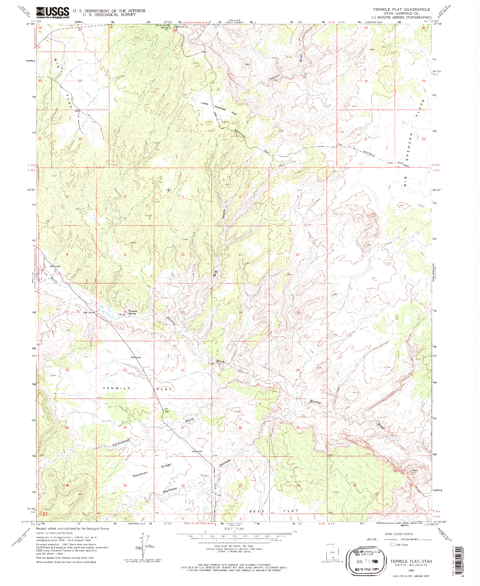 USGS 1:24000-SCALE QUADRANGLE FOR TENMILE FLAT, UT 1964