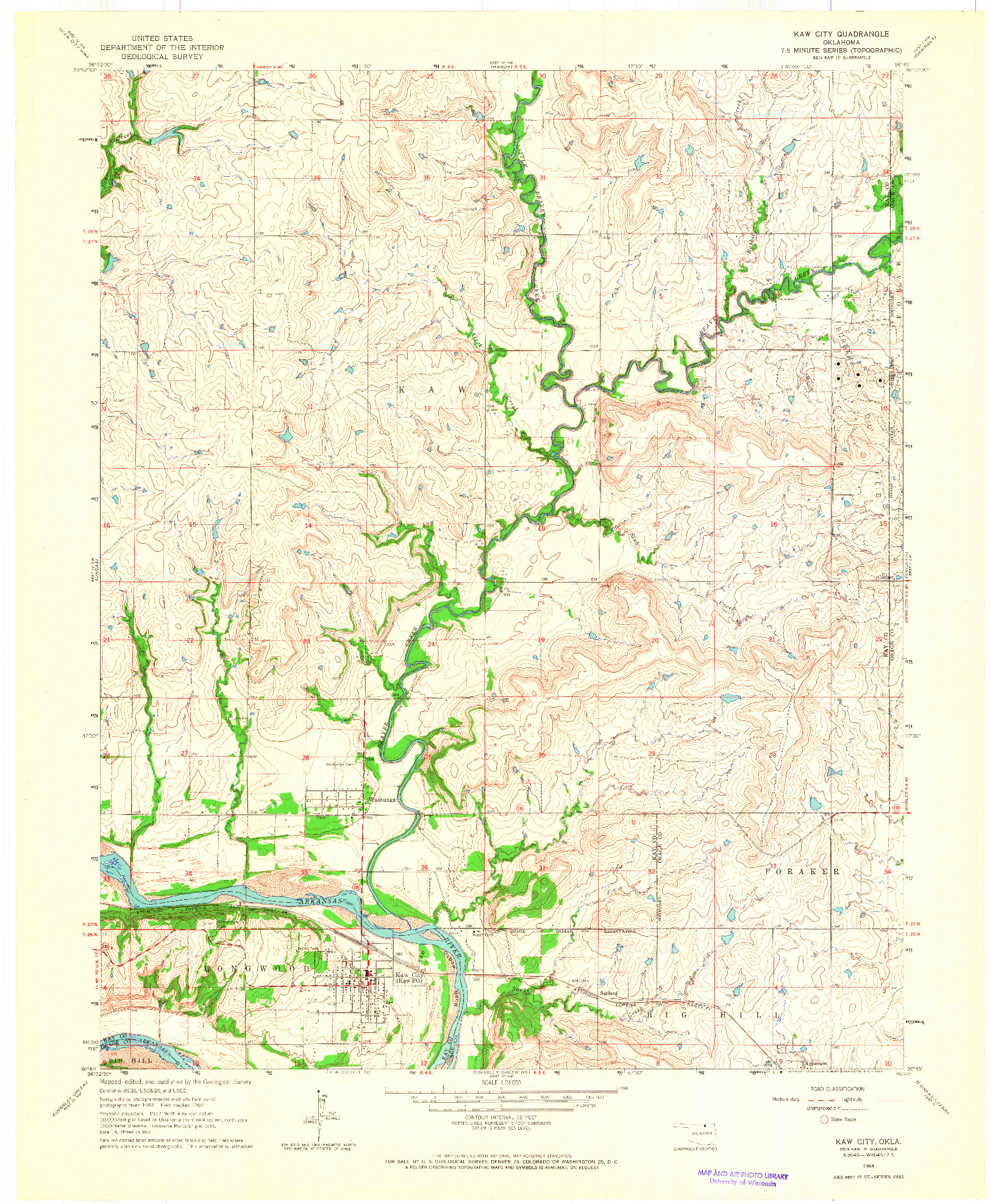 USGS 1:24000-SCALE QUADRANGLE FOR KAW CITY, OK 1964