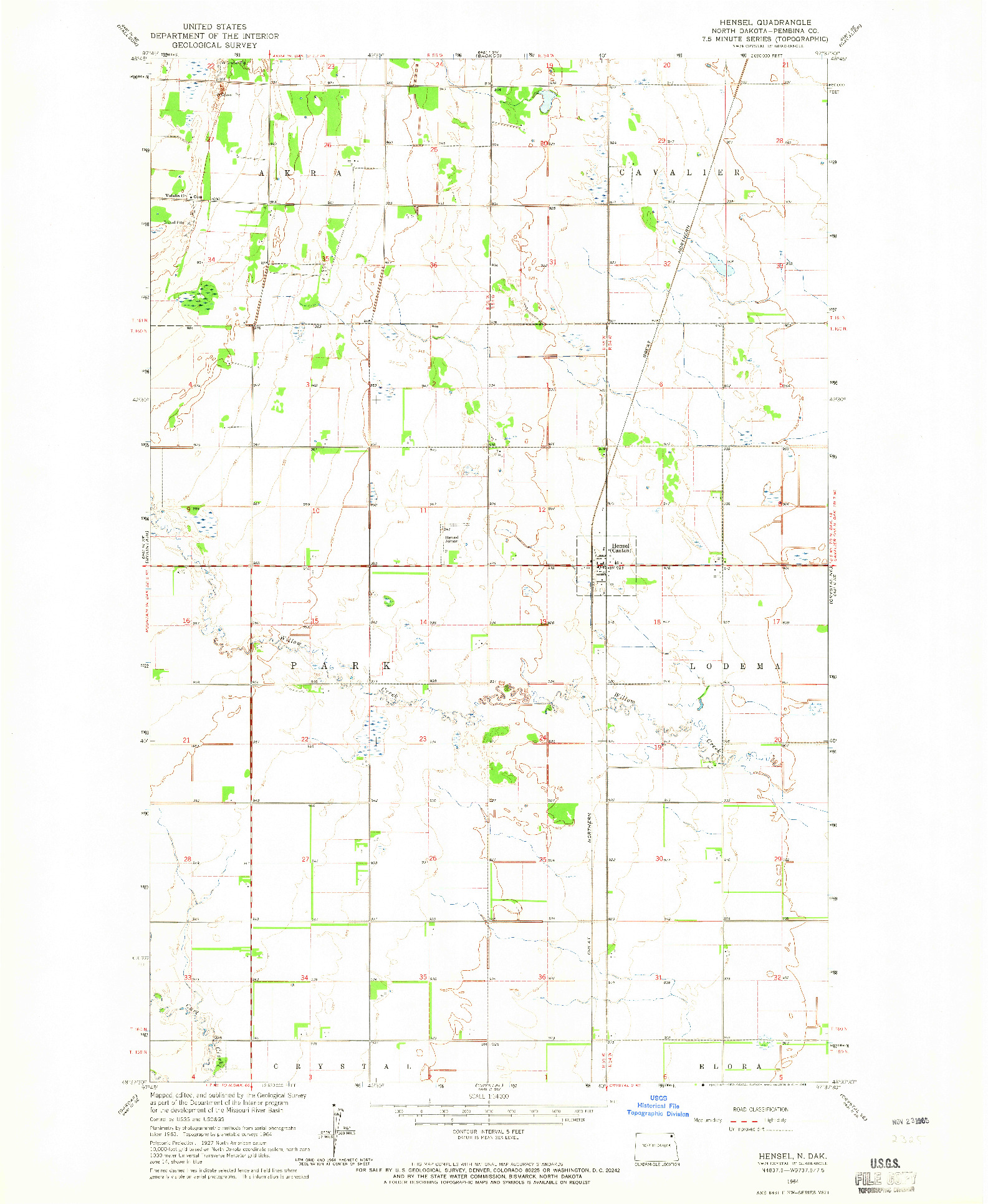 USGS 1:24000-SCALE QUADRANGLE FOR HENSEL, ND 1964