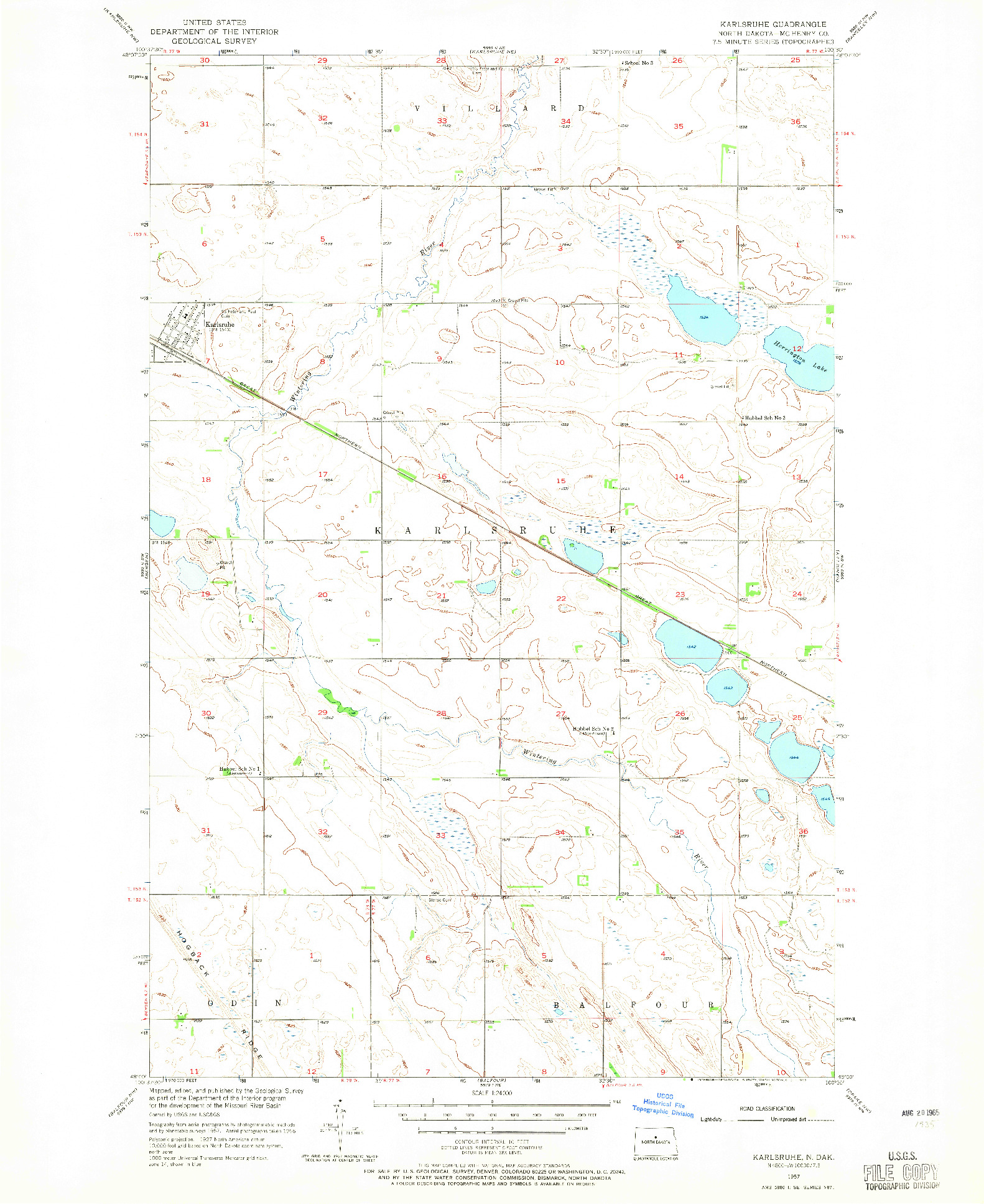USGS 1:24000-SCALE QUADRANGLE FOR KARLSRUHE, ND 1957