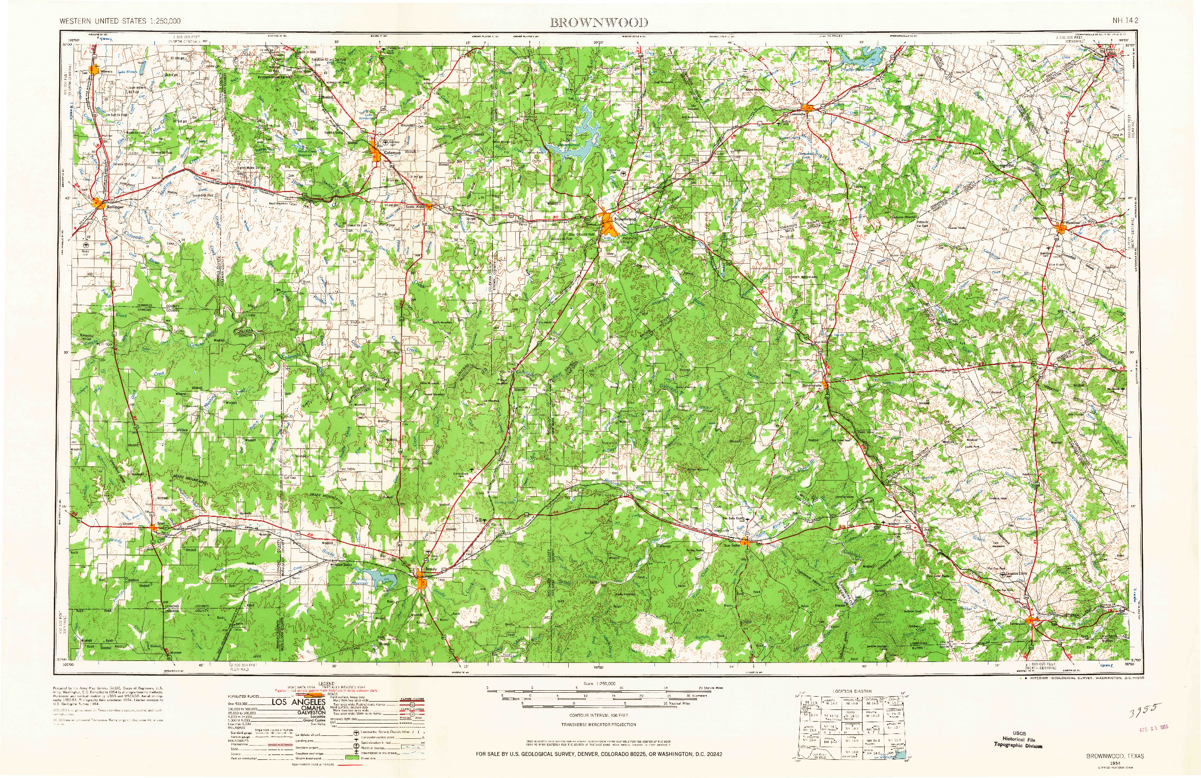 USGS 1:250000-SCALE QUADRANGLE FOR BROWNWOOD, TX 1954