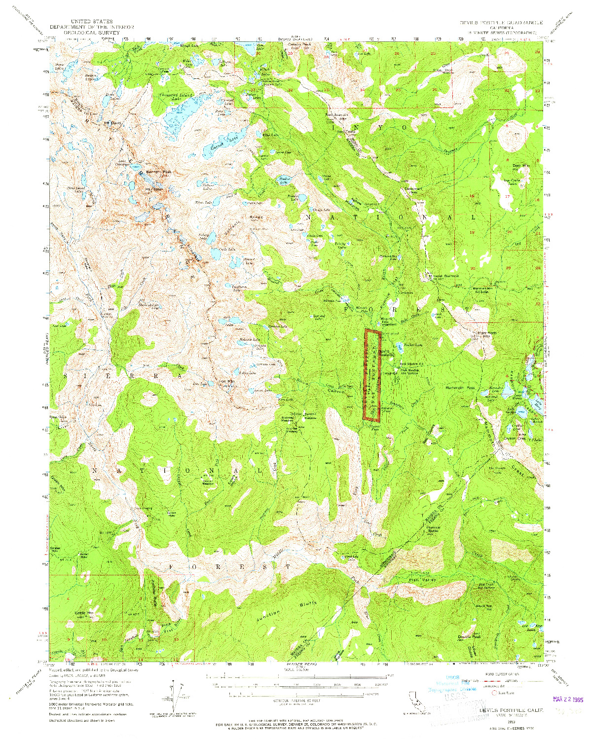 USGS 1:62500-SCALE QUADRANGLE FOR DEVILS POSTPILE, CA 1953