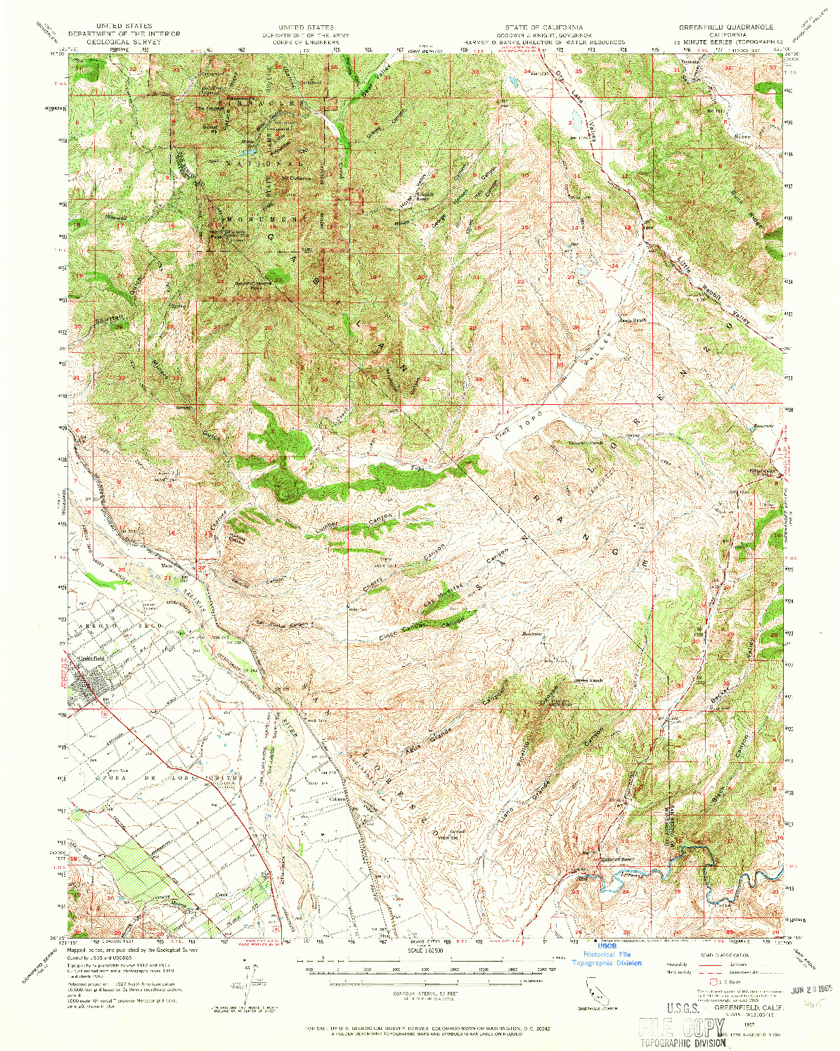 USGS 1:62500-SCALE QUADRANGLE FOR GREENFIELD, CA 1957