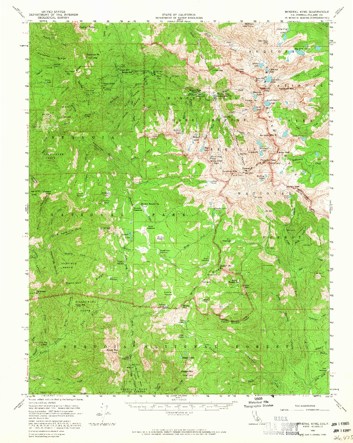 USGS 1:62500-SCALE QUADRANGLE FOR MINERAL KING, CA 1956