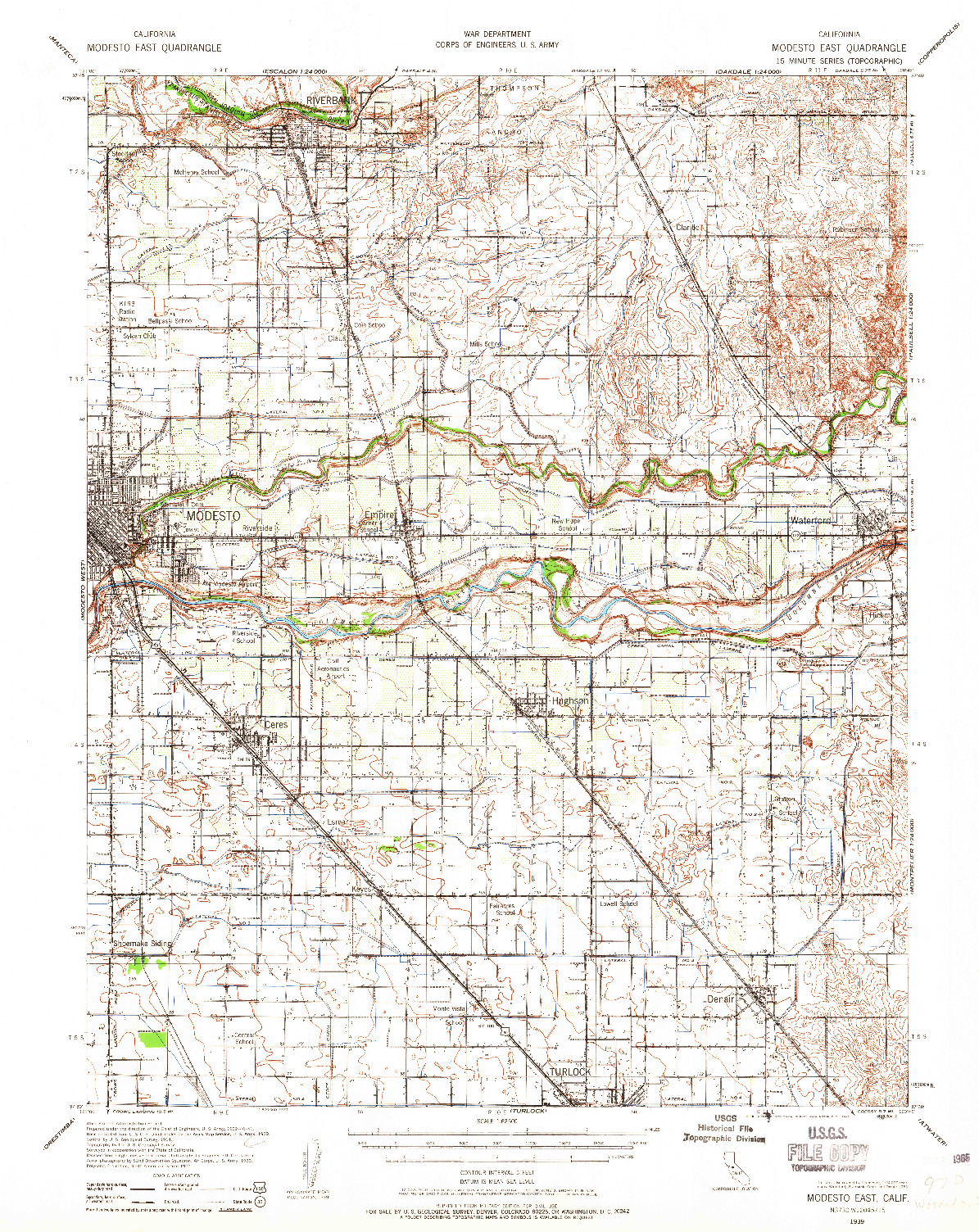 USGS 1:62500-SCALE QUADRANGLE FOR MODESTO EAST, CA 1939