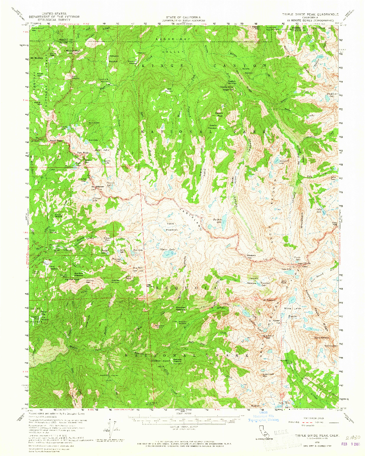 USGS 1:62500-SCALE QUADRANGLE FOR TRIPLE DIVIDE PEAK, CA 1956