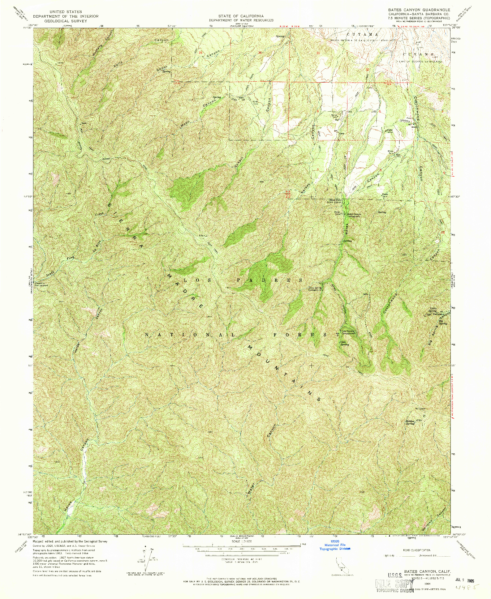 USGS 1:24000-SCALE QUADRANGLE FOR BATES CANYON, CA 1964