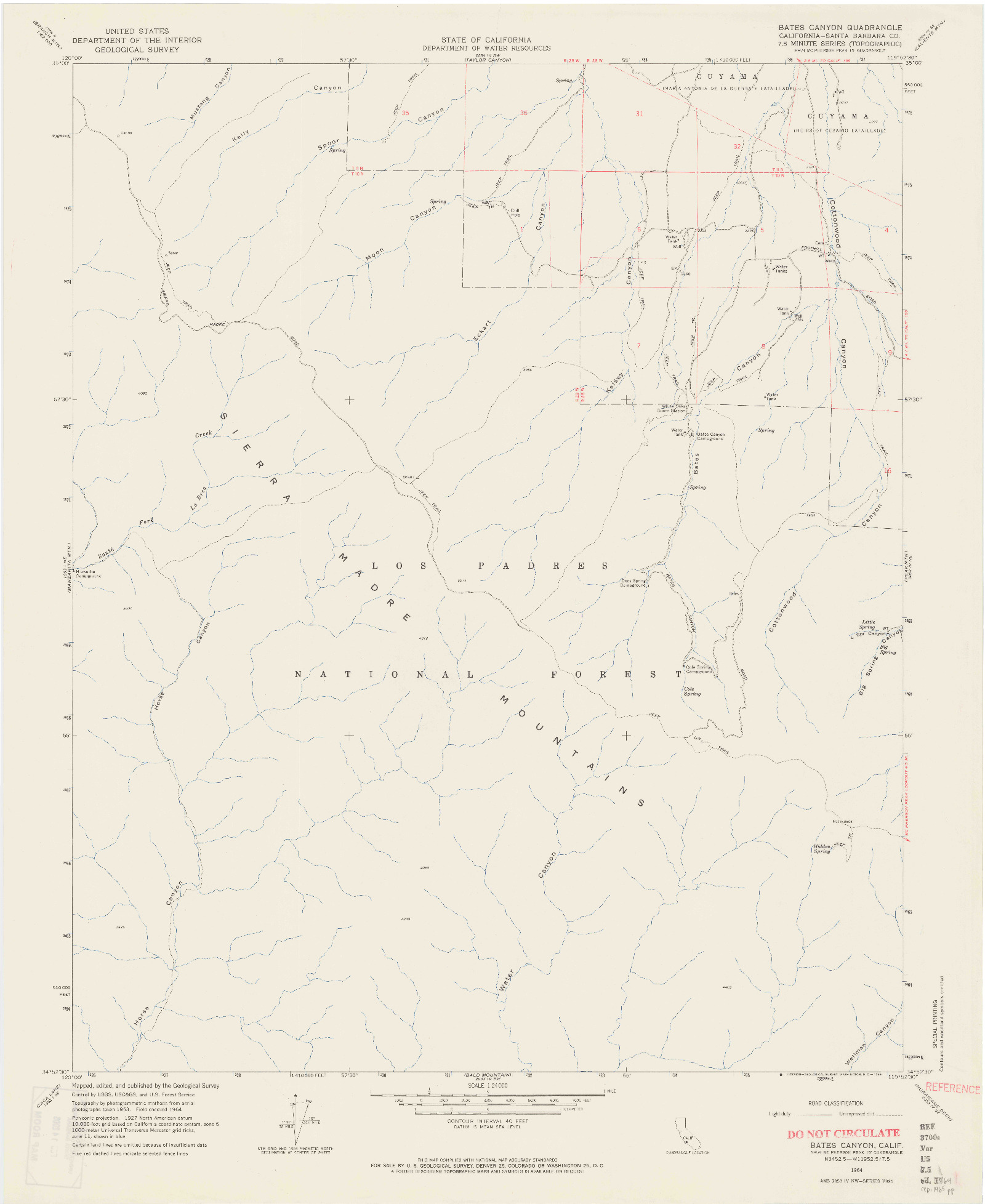 USGS 1:24000-SCALE QUADRANGLE FOR BATES CANYON, CA 1964