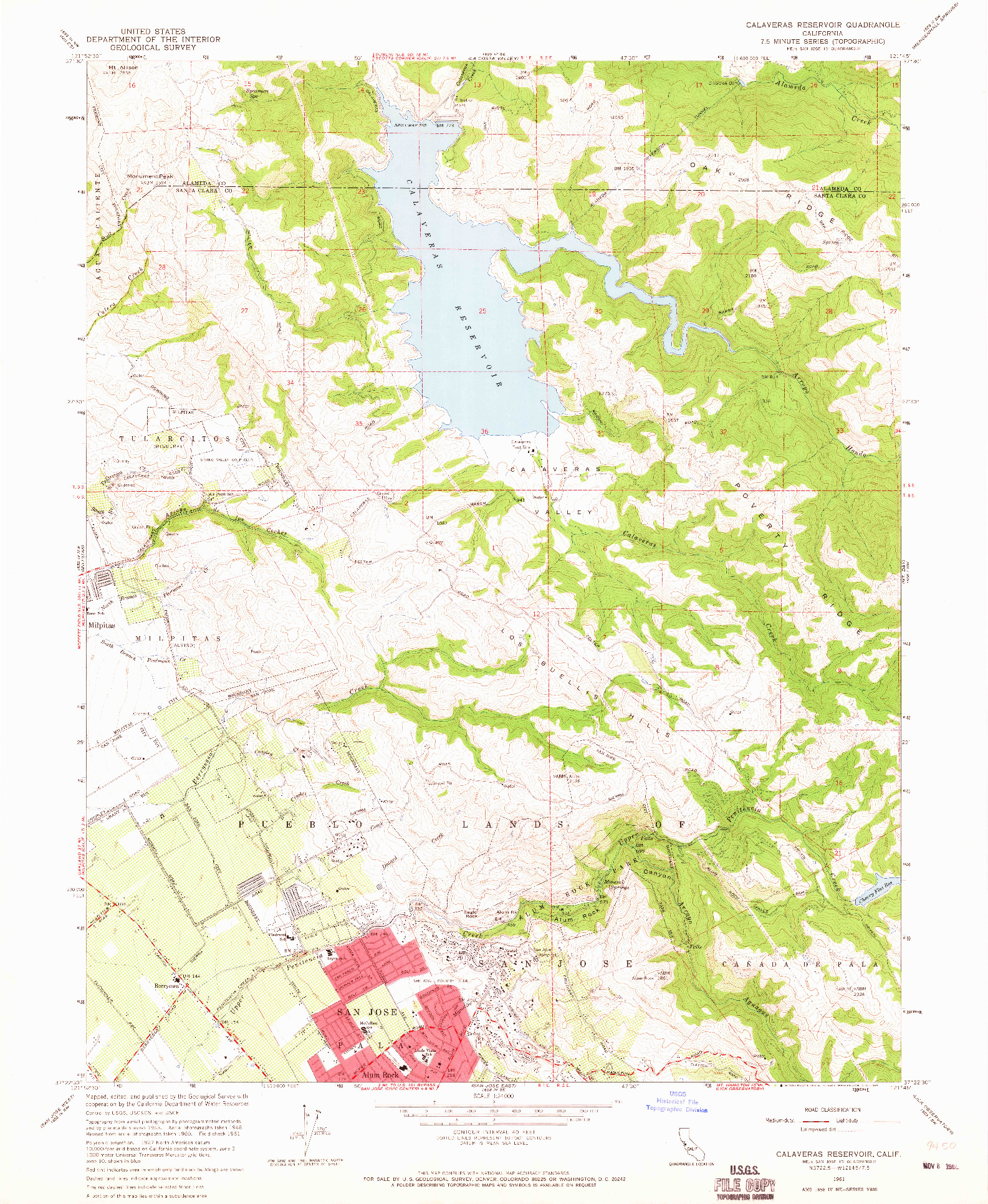 USGS 1:24000-SCALE QUADRANGLE FOR CALAVERAS RESERVOIR, CA 1961