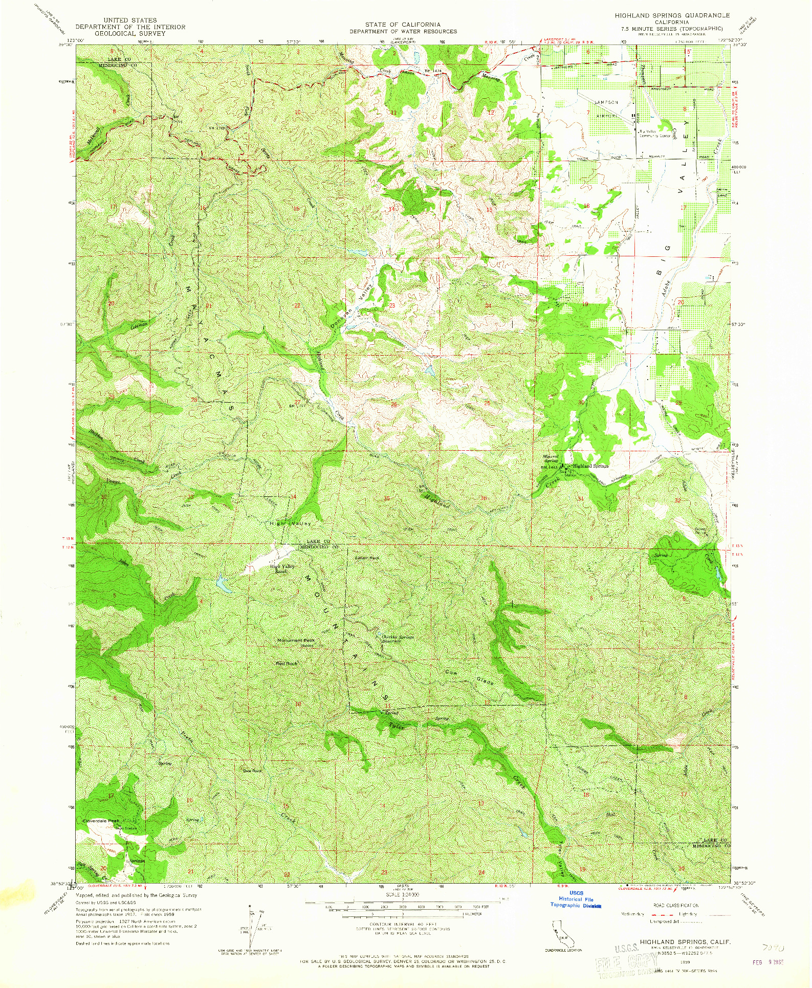 USGS 1:24000-SCALE QUADRANGLE FOR HIGHLAND SPRINGS, CA 1959