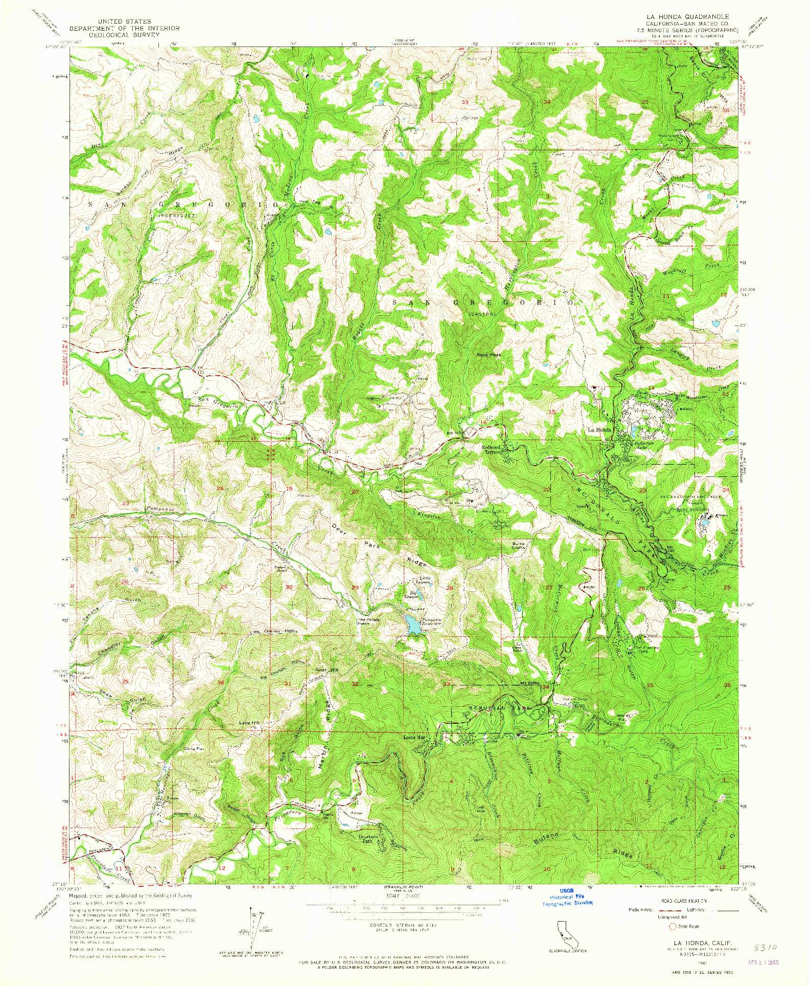 USGS 1:24000-SCALE QUADRANGLE FOR LA HONDA, CA 1961