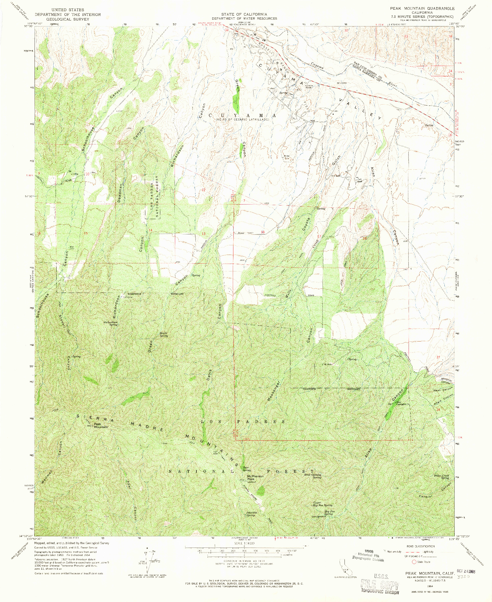 USGS 1:24000-SCALE QUADRANGLE FOR PEAK MOUNTAIN, CA 1964