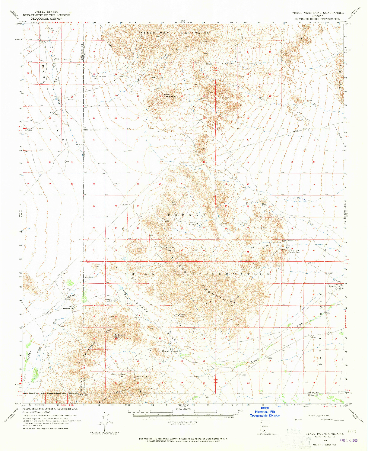 USGS 1:62500-SCALE QUADRANGLE FOR VEKOL MOUNTAINS, AZ 1963