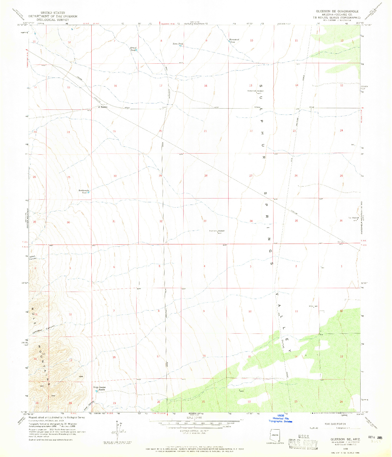 USGS 1:24000-SCALE QUADRANGLE FOR GLEESON SE, AZ 1958