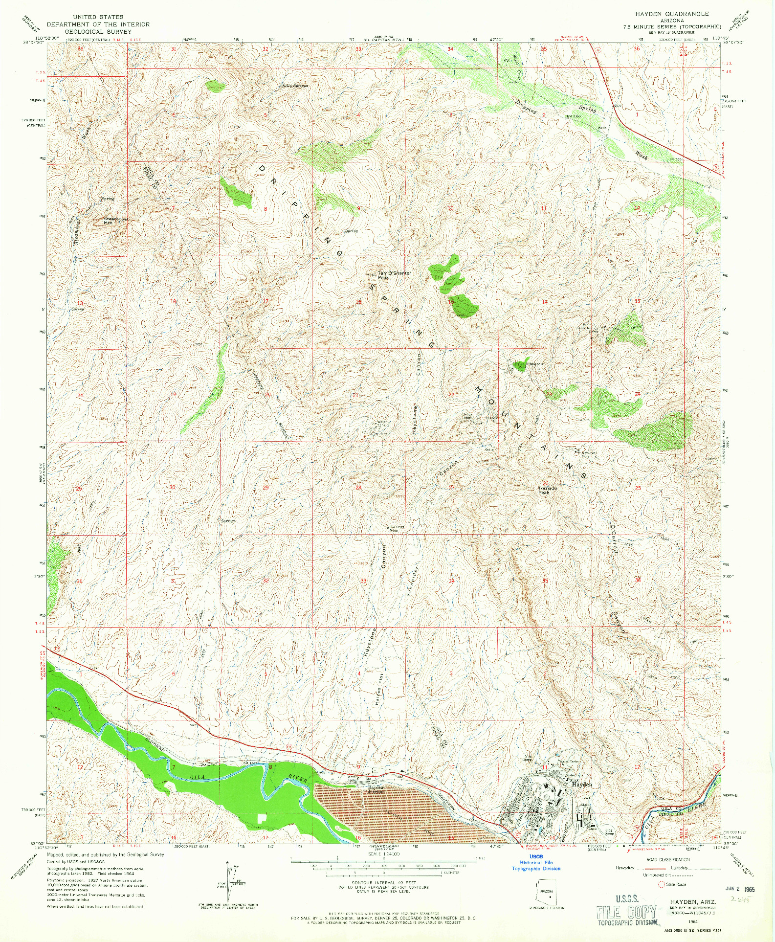 USGS 1:24000-SCALE QUADRANGLE FOR HAYDEN, AZ 1964