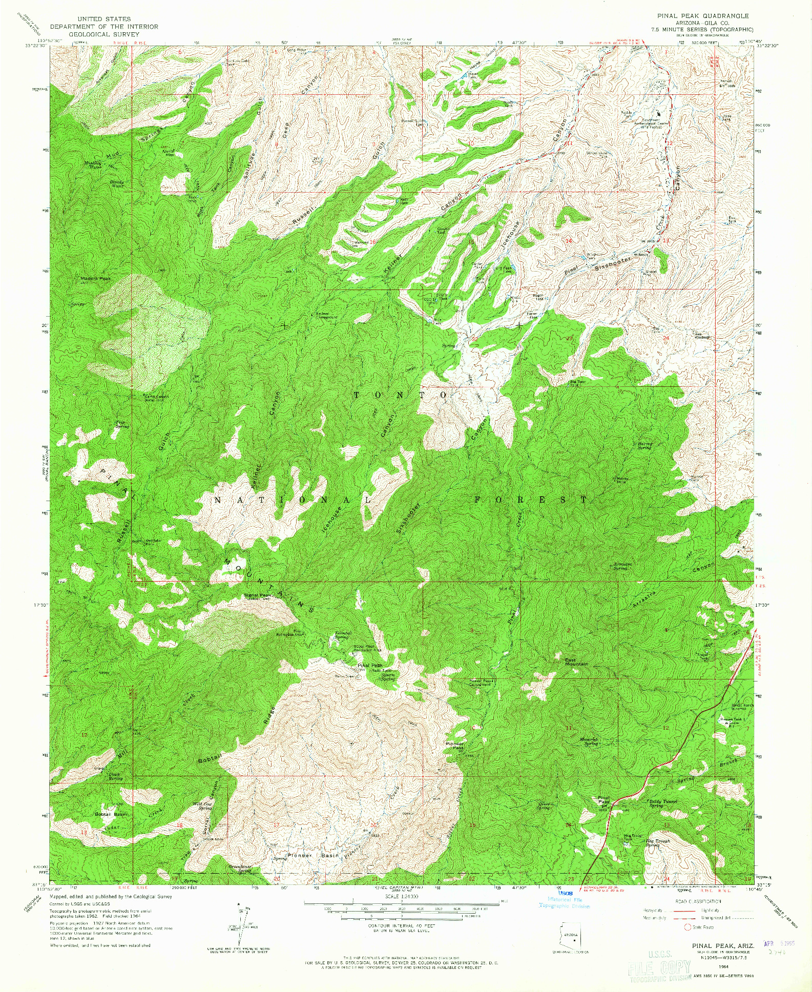 USGS 1:24000-SCALE QUADRANGLE FOR PINAL PEAK, AZ 1964