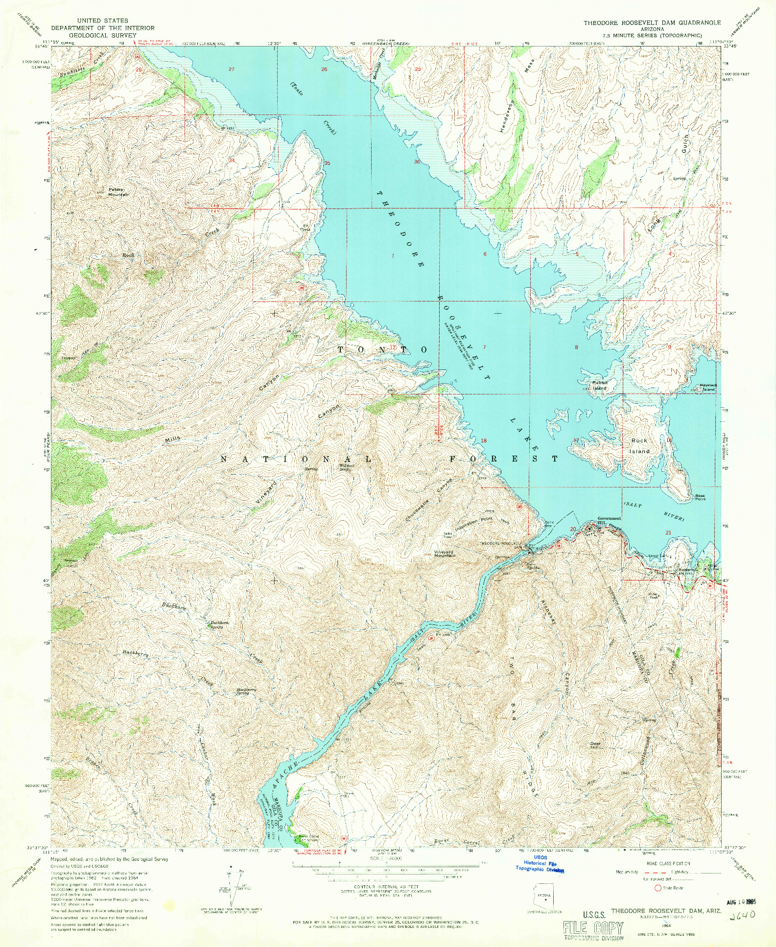 USGS 1:24000-SCALE QUADRANGLE FOR THEODORE ROOSEVELT DAM, AZ 1964