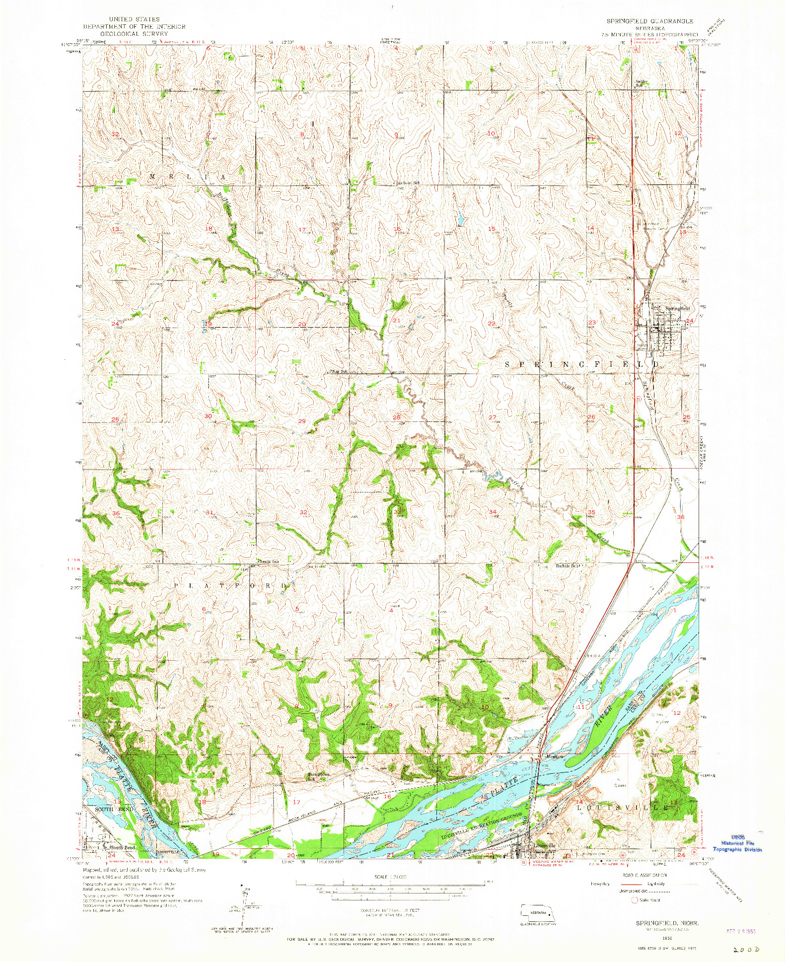 USGS 1:24000-SCALE QUADRANGLE FOR SPRINGFIELD, NE 1956