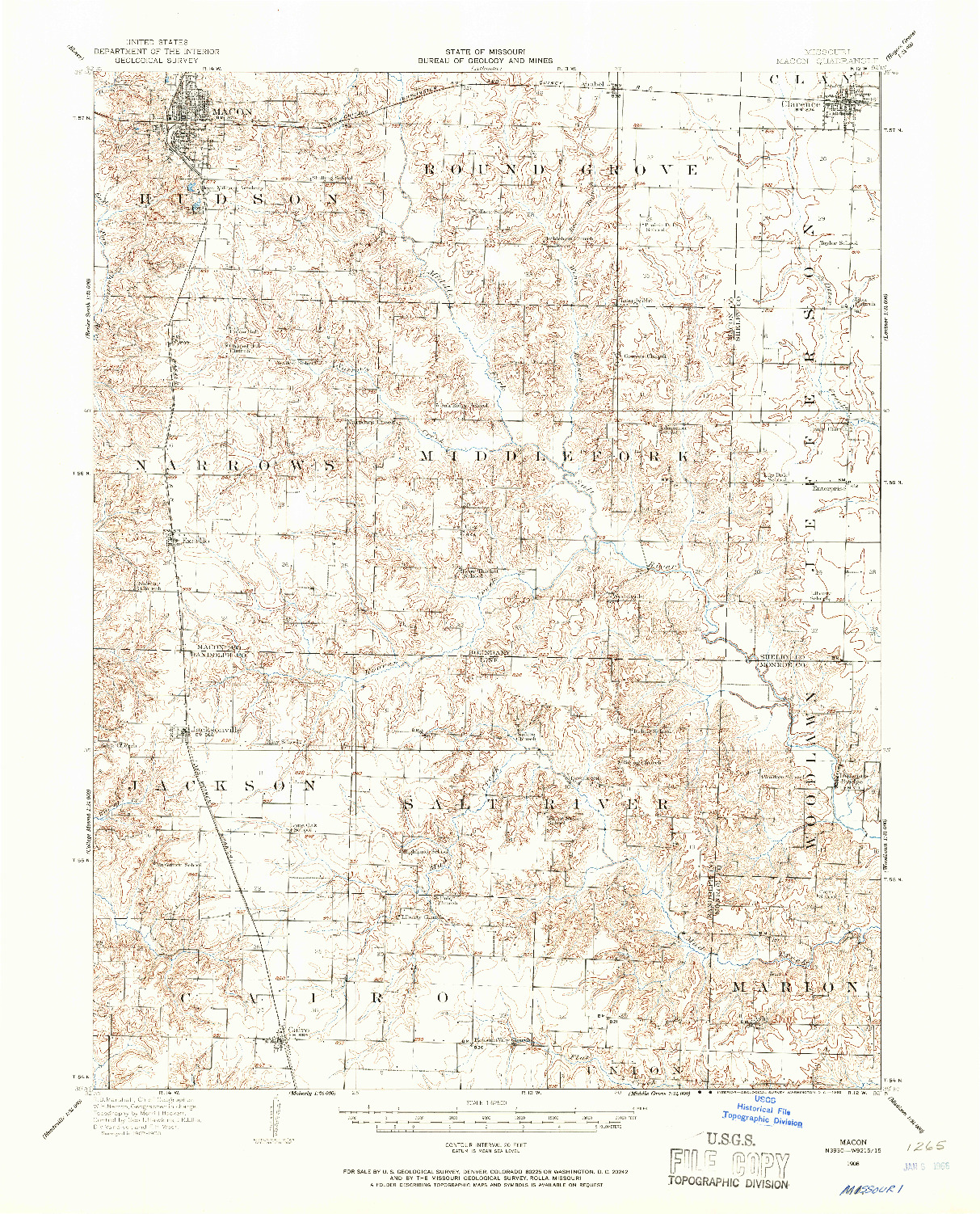 USGS 1:62500-SCALE QUADRANGLE FOR MACON, MO 1908