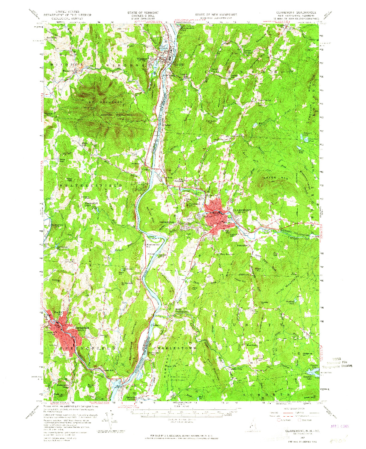 USGS 1:62500-SCALE QUADRANGLE FOR CLAREMONT, NH 1957